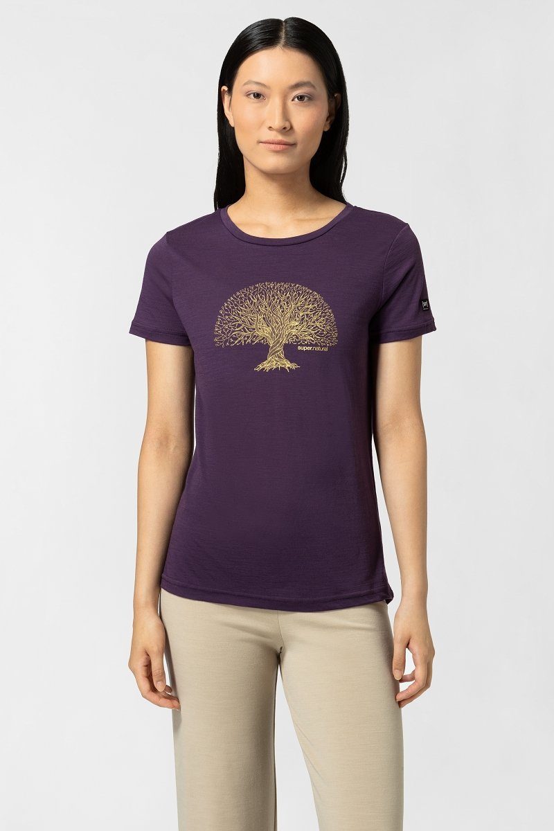 SUPER.NATURAL Print-Shirt Merino T-Shirt W TREE OF KNOWLEDGE TEE geruchshemmender Merino-Materialmix Mysterioso/Gold