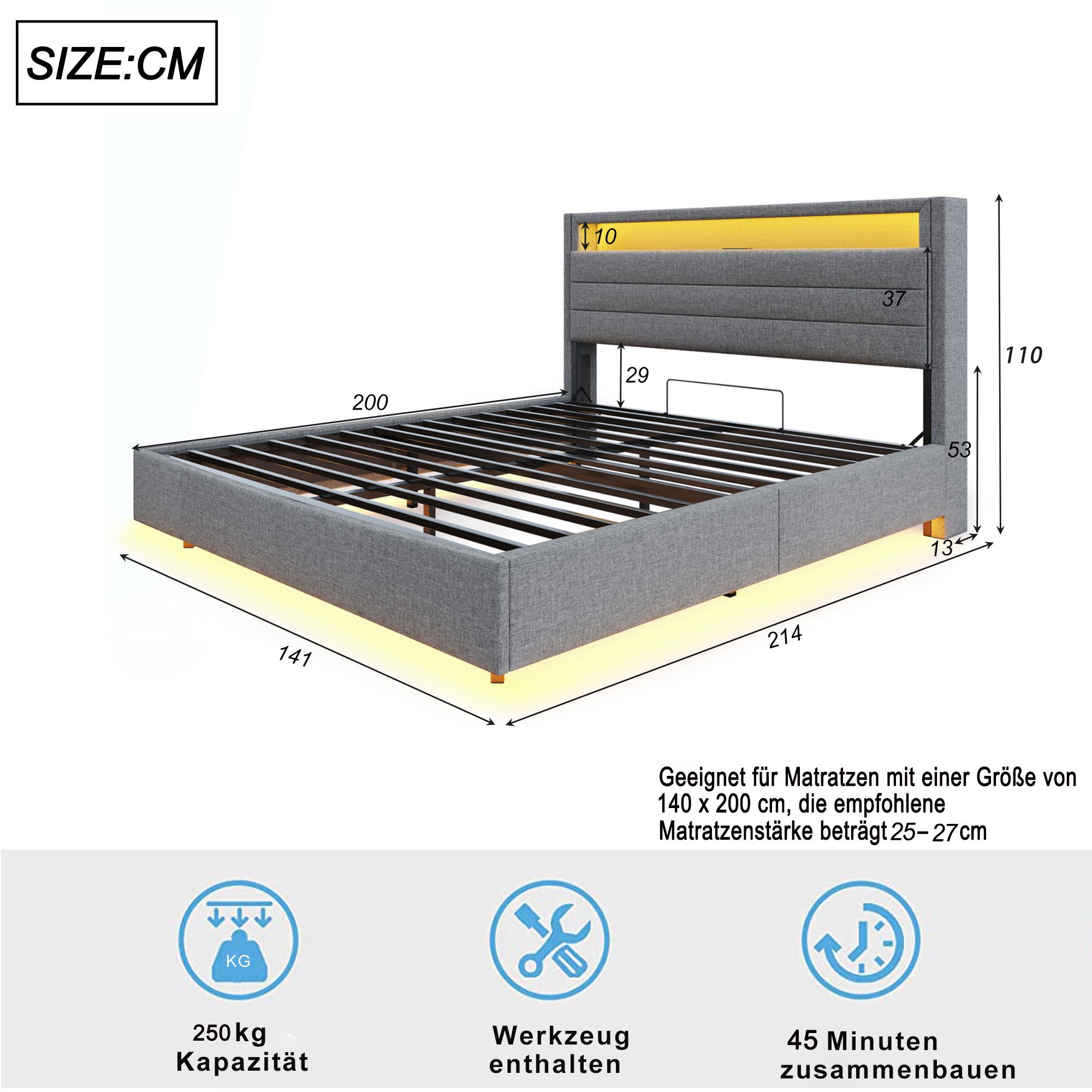 Flieks Polsterbett, LED hydraulisches Schwebebett Doppelbett 140x200cm mit günstig online kaufen