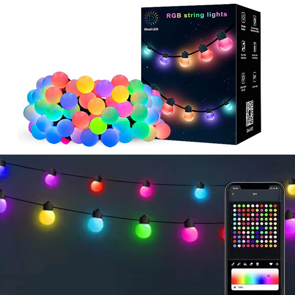 PRIISF Systemlichterkette LED Kugeln Lichterkette RGB Glühbirnenkette Aussen Innen Beleuchtung, Bunt Licht Smart LED Lichterkette IP65 App Fernbedienung Ambient Musik