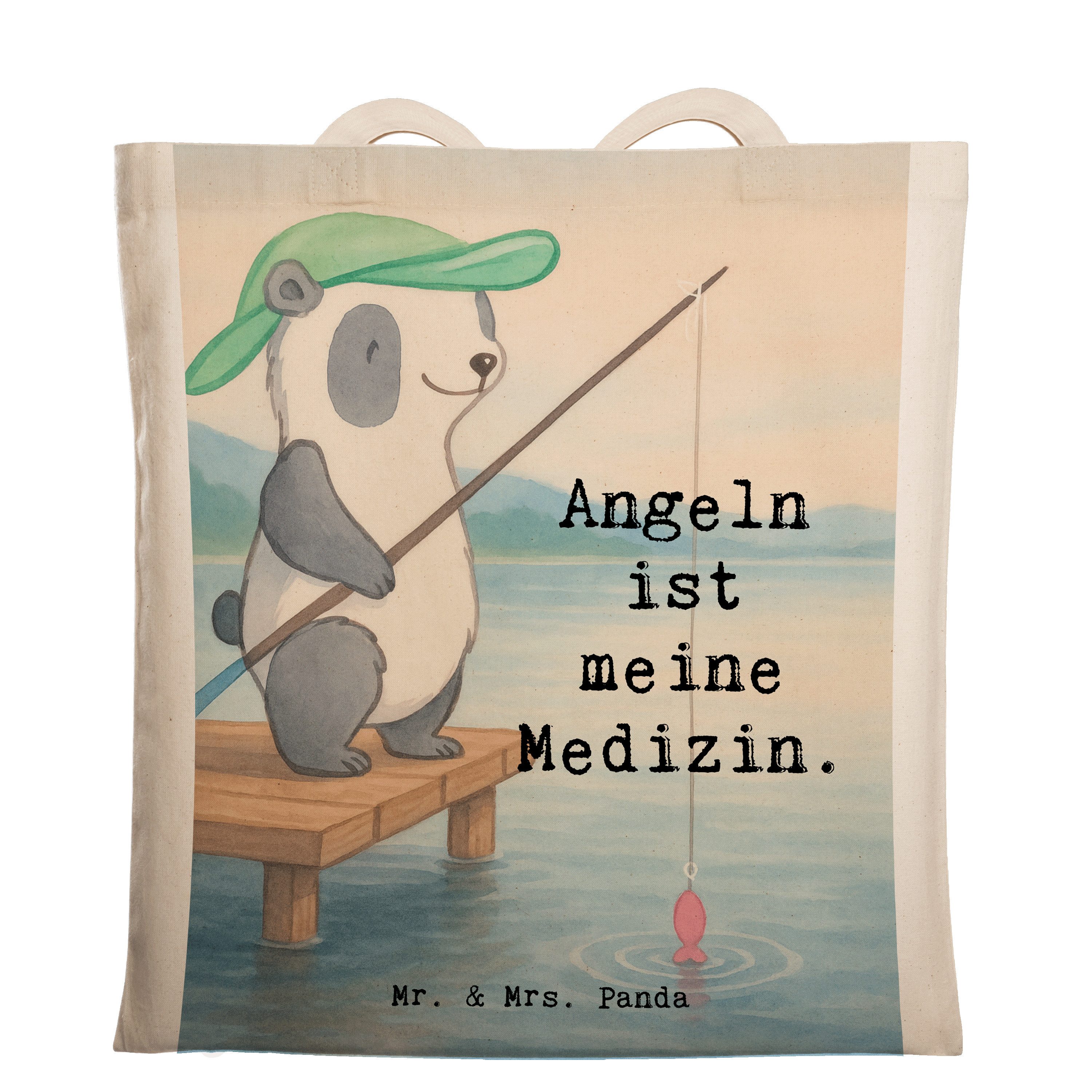 Mr. & Mrs. Panda Tragetasche Panda Angeln Design, Jutebeutel, Weiß, Baumwolltasche, Shopping Tasch (Packung), Baumwolltasche Uni Tasche freizeitbeutel