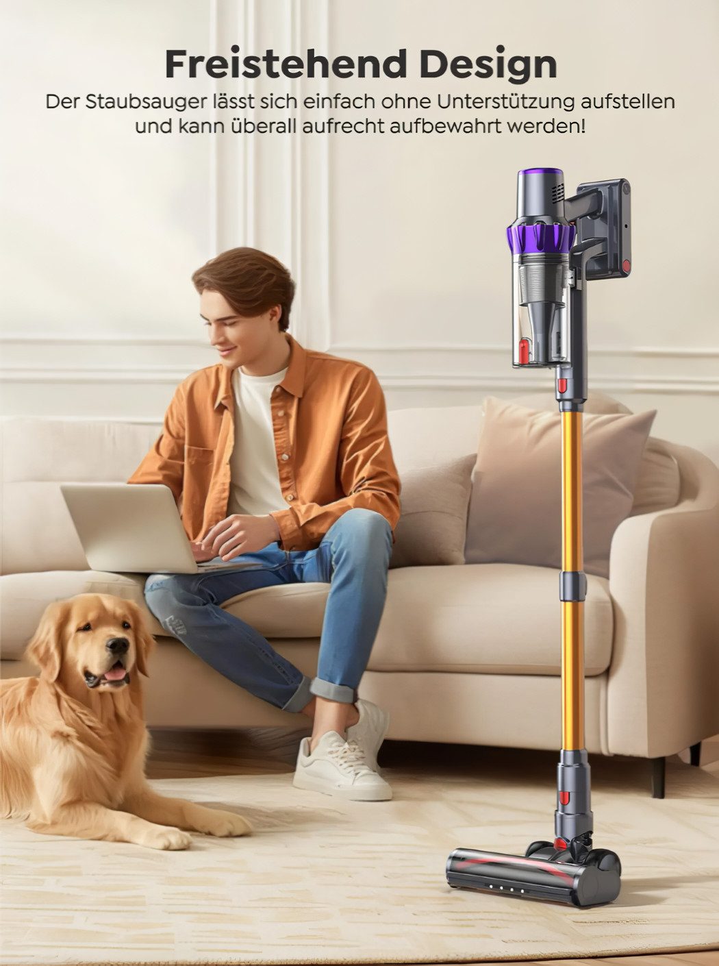 Buture Akku-Hand-und Stielstaubsauger 650W Akku Staubsauger, 78000Pa Ultraleiser Staubsauger Kabellos, 650,00 W, mit Touch Screen, Bis zu 55 Min Laufzeit, 1.5L