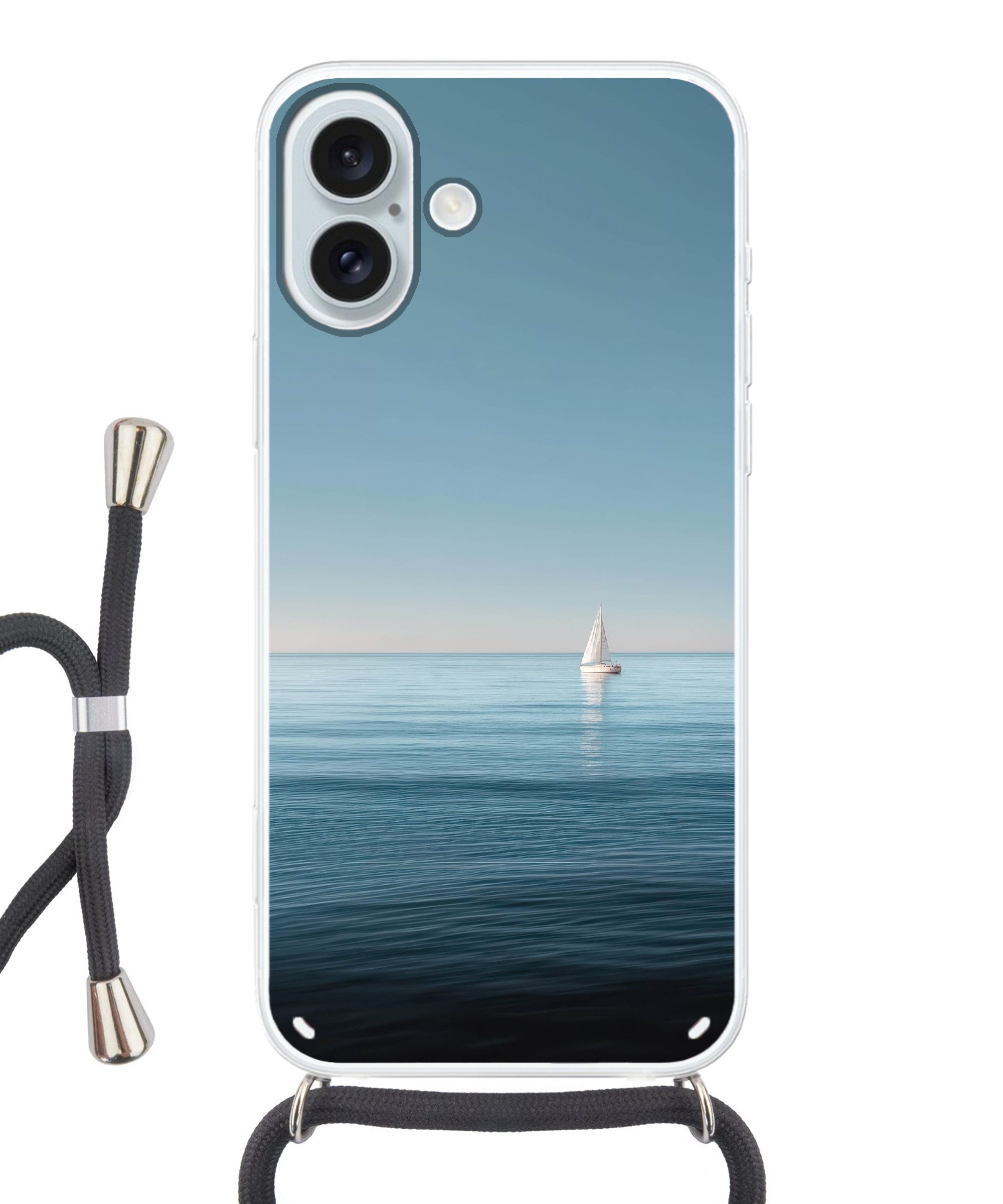 MuchoWow Handyhülle für Apple iPhone 16 Plus Segelboot - Ruhige See - Strahlend blauer Him, Tragbare Handyhüllen mit Kette zum umhängen, Handykette Handyband