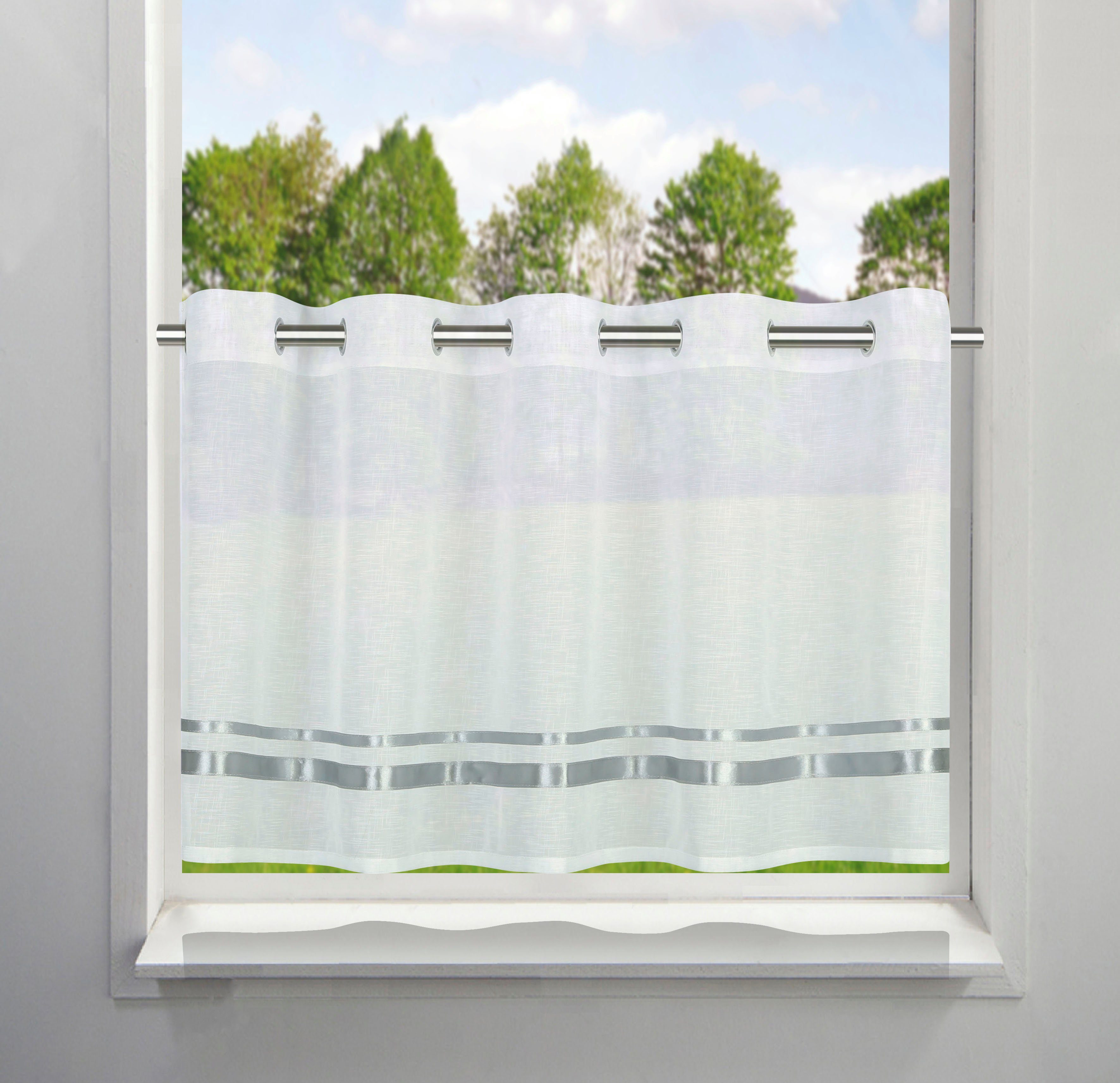 my home Scheibengardine REGINA, Ösen (1 St), transparent, Voile, mit einseitig aufgenähten Satinbändern, Leinenstruktur, Polyester