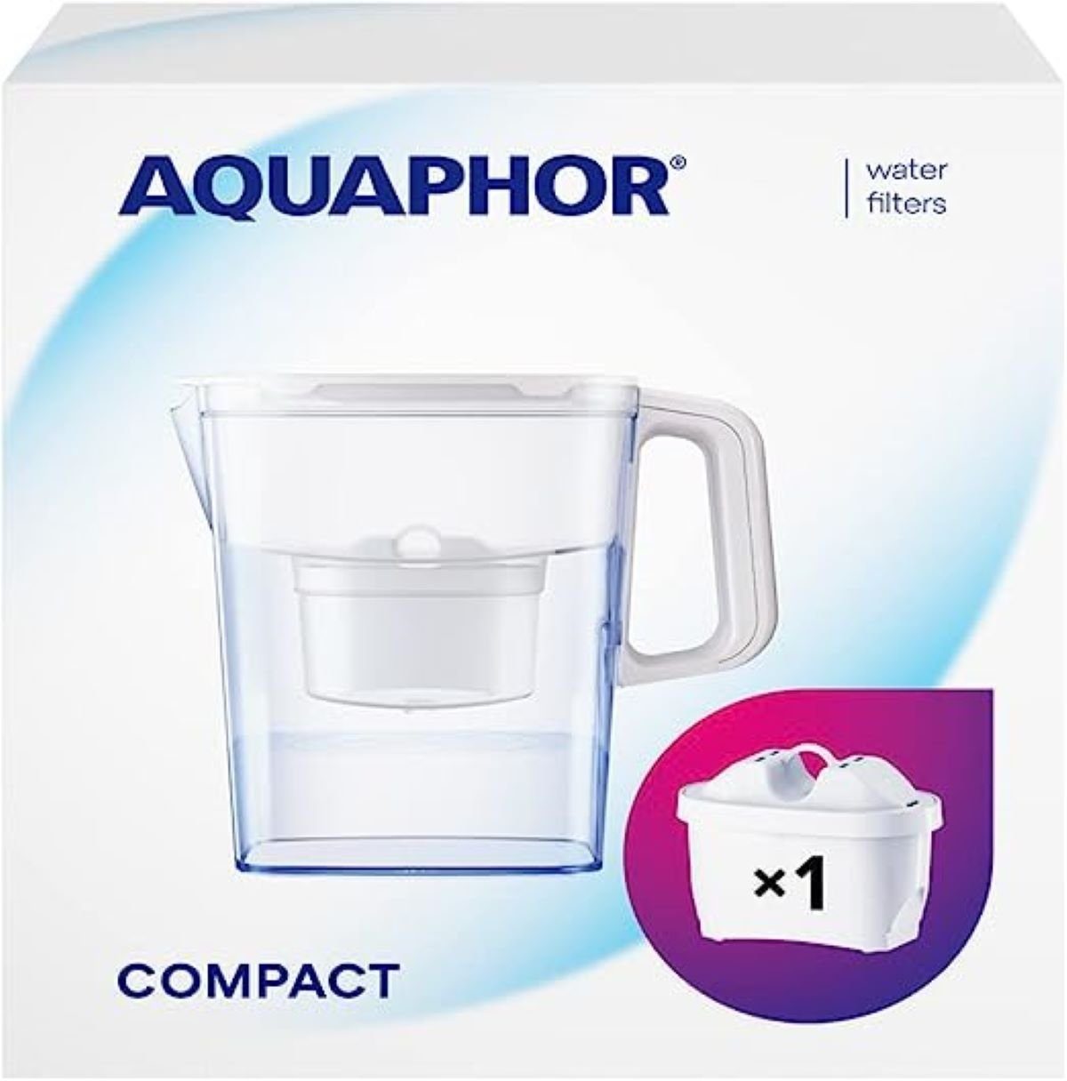 AQUAPHOR Wasserfilter Kanne Compact weiß inkl. 1 Maxfor+ Filter, Zubehör für Filterkartuschen MAXFOR+, MAXFOR+H hartes Wasser, MAXFOR+ Magnesium, Reduziert Kalk, Chlor & Schwermetalle I Passt in die Kühlschranktür