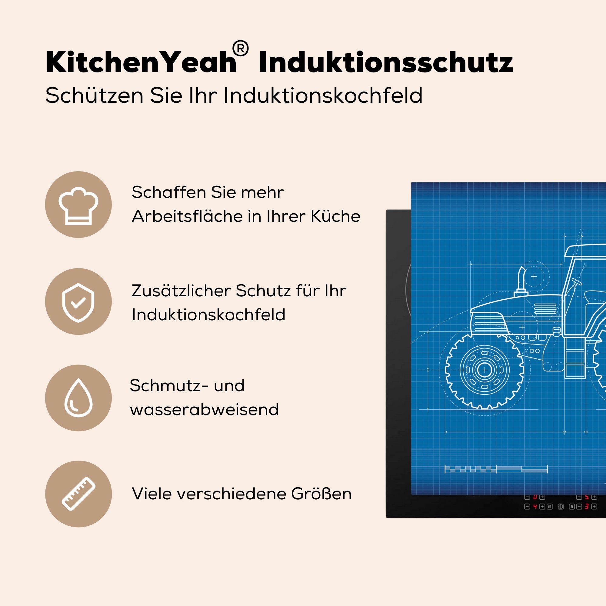 MuchoWow Herdblende-/Abdeckplatte Traktor - Blau tlg), - Vinyl, cm, für küche Illustration, Ceranfeldabdeckung, Arbeitsplatte 78x78 (1