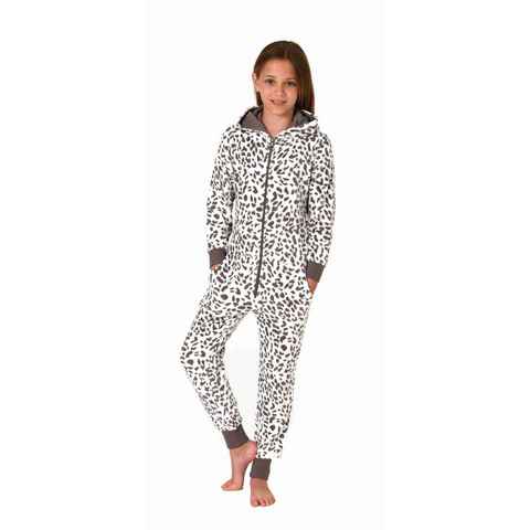 Normann Pyjama Mädchen Schlafanzug Einteiler Jumpsuit aus Coralfleece im Animal Look