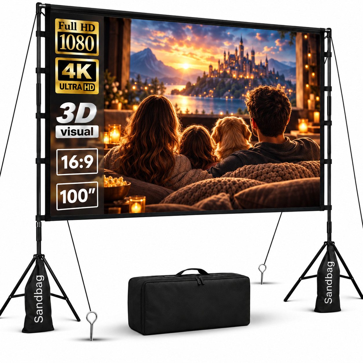 LEMLIT Beamer Leinwand 100/120 Zoll mit Stativ, Outdoor Projektorleinwand Stativleinwand (16:9 4K HD Faltbare leinwand Beamer mit Tragetasch für Heimkino)