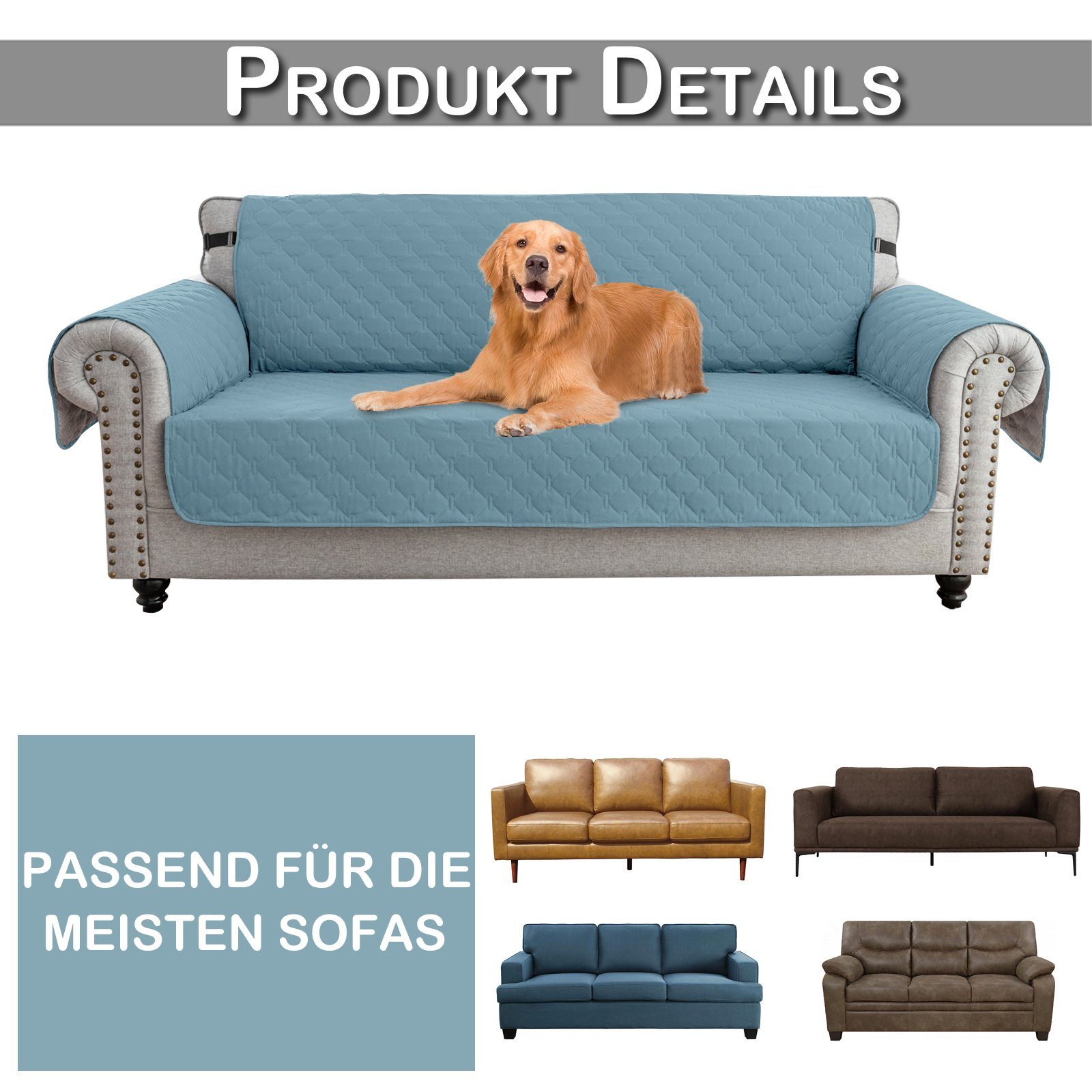 Riemen-Befestigung 1/2/3 Sofaschoner Sesselschoner mit BTTO, Sesselschoner Blau Farben,3 Sitzer Größen, Taschen, 4 Sofahusse Rutschfeste,Wasserdicht