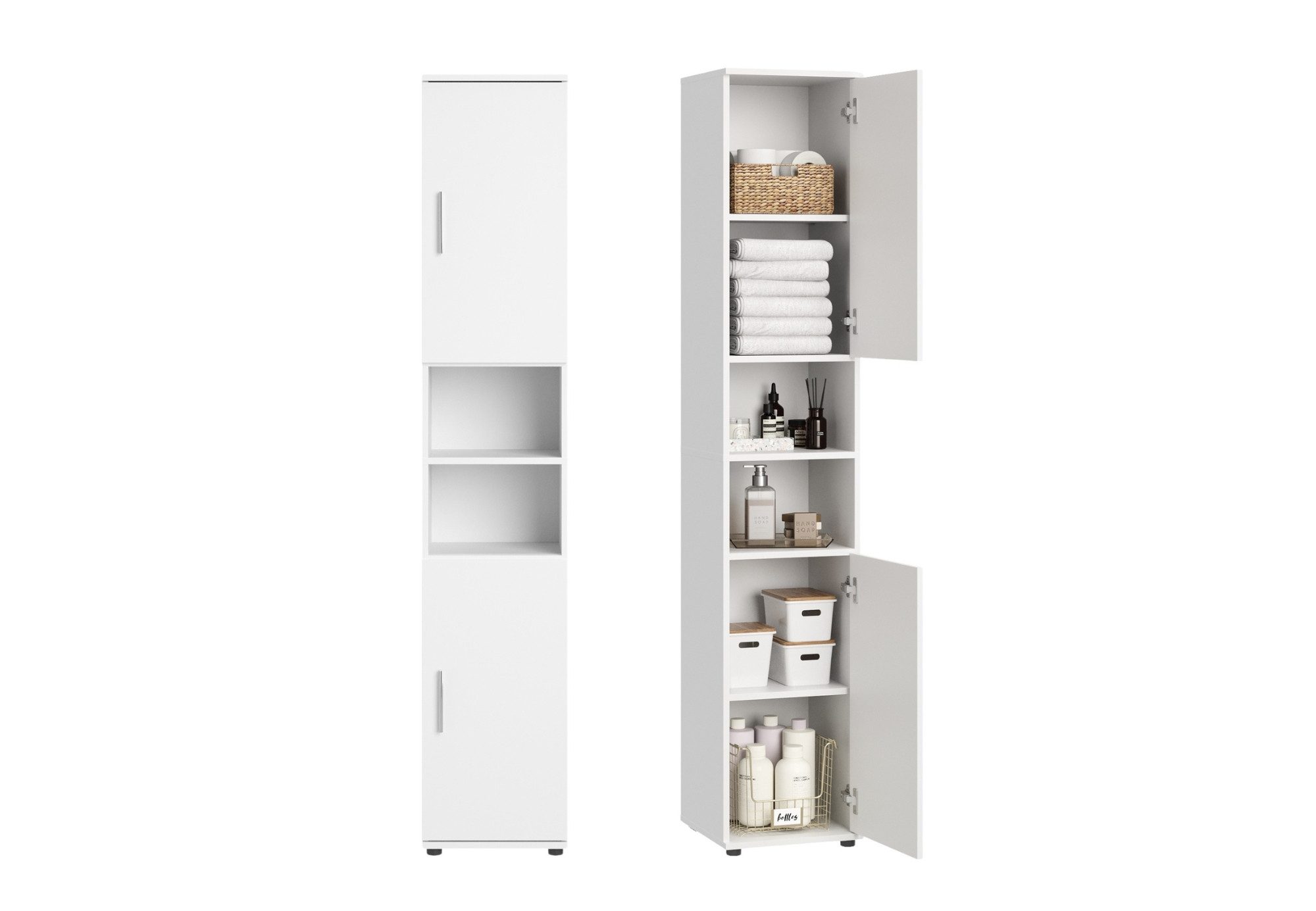Home Collective Badkommode Badezimmerschrank Hochschrank 6 Fächer – robust & pflegeleicht, 35x35x187 cm (BxTxH), Weiß, 2 Türen, vielseitig & kompakt