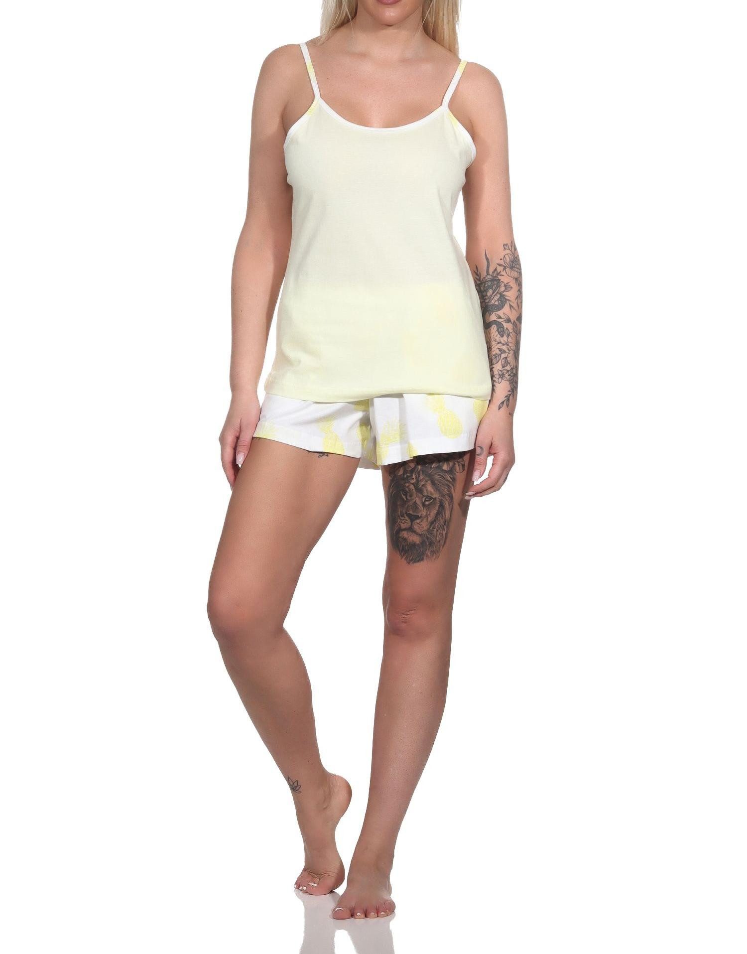 Pyjama Spaghettiträger Damen Schlafanzug Shorty Pyjama mit Ananas als Motiv