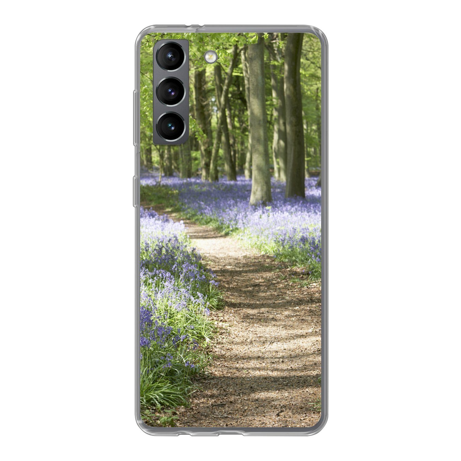 MuchoWow Handyhülle für Samsung Galaxy S21 Wald - Weg - Blumen - Lila - Grün - Natur, Phone Case, Silikon, Schutzhülle Dünn