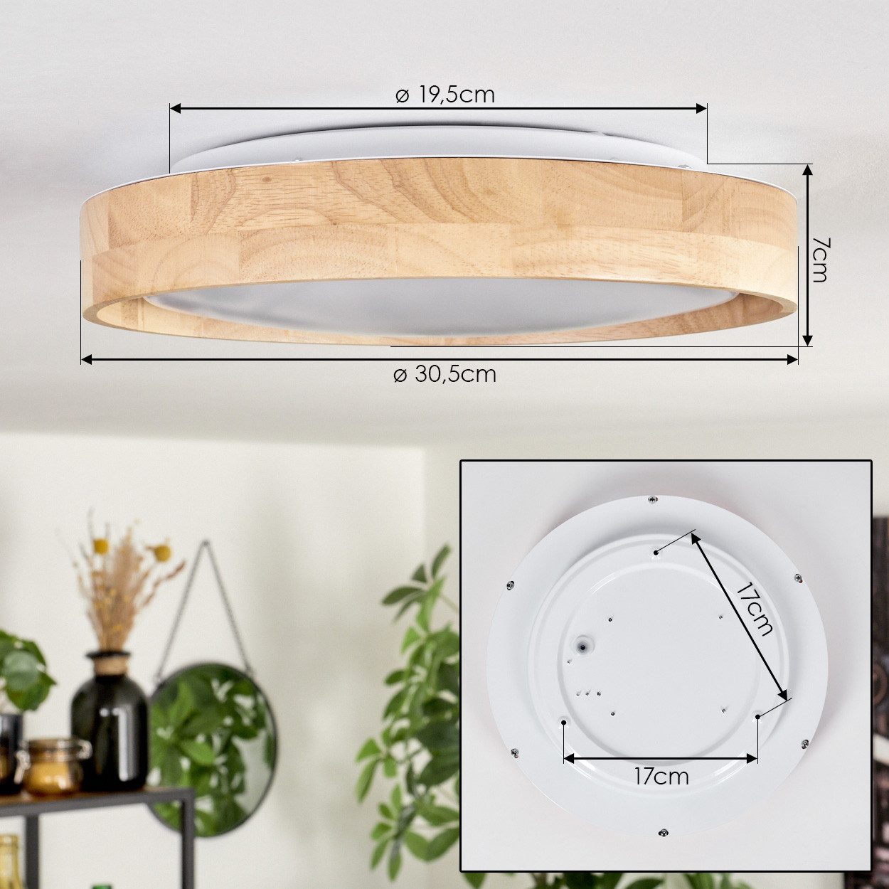 hofstein Deckenleuchte Deckenlampe aus Holz/Metall/Kunststoff in Natur/Weiß, LED wechselbar, 3000 Kelvin, im skandinavisch/modernen Design mit rundem Schirm (30,5cm), 18 Watt