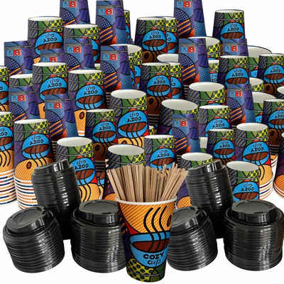 Intertan -1922- Coffee-to-go-Becher 600 Kaffeebecher mit Deckel und Rührstäbe To Go Pappe COZY CUPS 240ml, Pappe