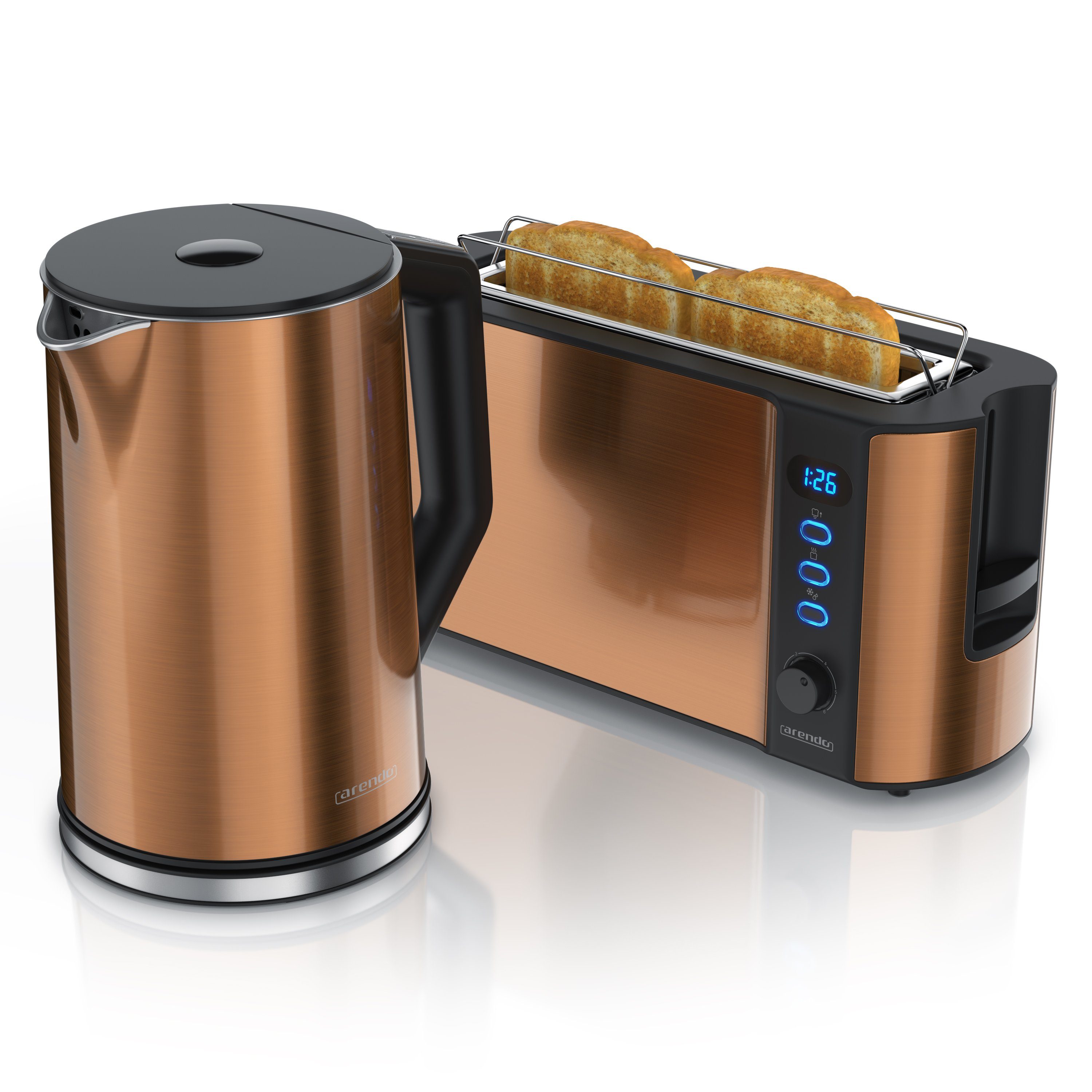 Arendo Frühstücks-Set Wasserkocher 1,5l & 2-Scheiben Langschlitz Toaster, Edelstahl, Kupfer (2-tlg), Wasserkocher mit Temperaturwahl, Toaster mit Brötchenaufsatz