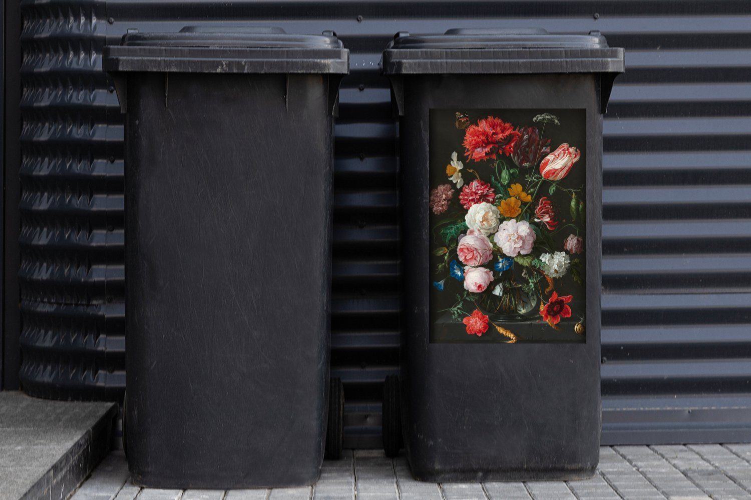 Mülltonne, - Sticker, de Stilleben Mülleimer-aufkleber, Wandsticker Gemälde Container, Blumen MuchoWow in von einer Jan St), mit Glasvase Davidsz. Abfalbehälter (1