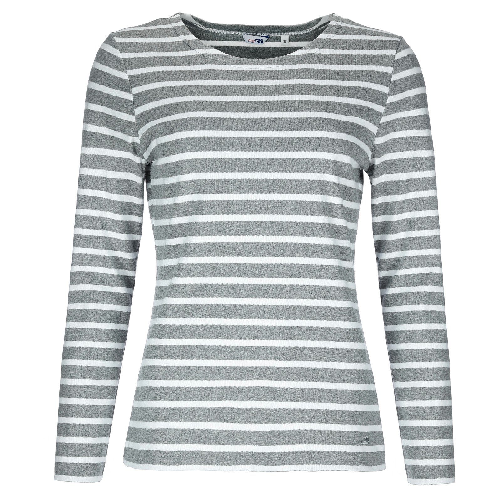 modAS Langarmshirt Damen Langarm-Shirt mit Streifen Bretonisches Streifenshirt Baumwolle (91) grau-melange / weiß | Rundhalsshirts