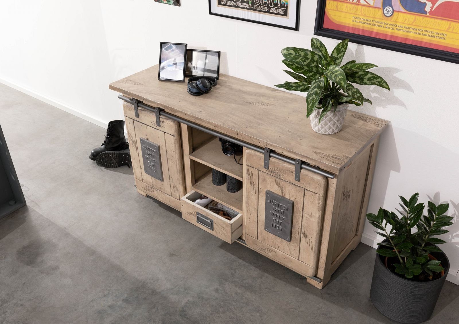 Massivmoebel24 Sideboard RAILWAY (Massivholz), Mango 128x45x70 whitewash lackiert RAILWAY #302
