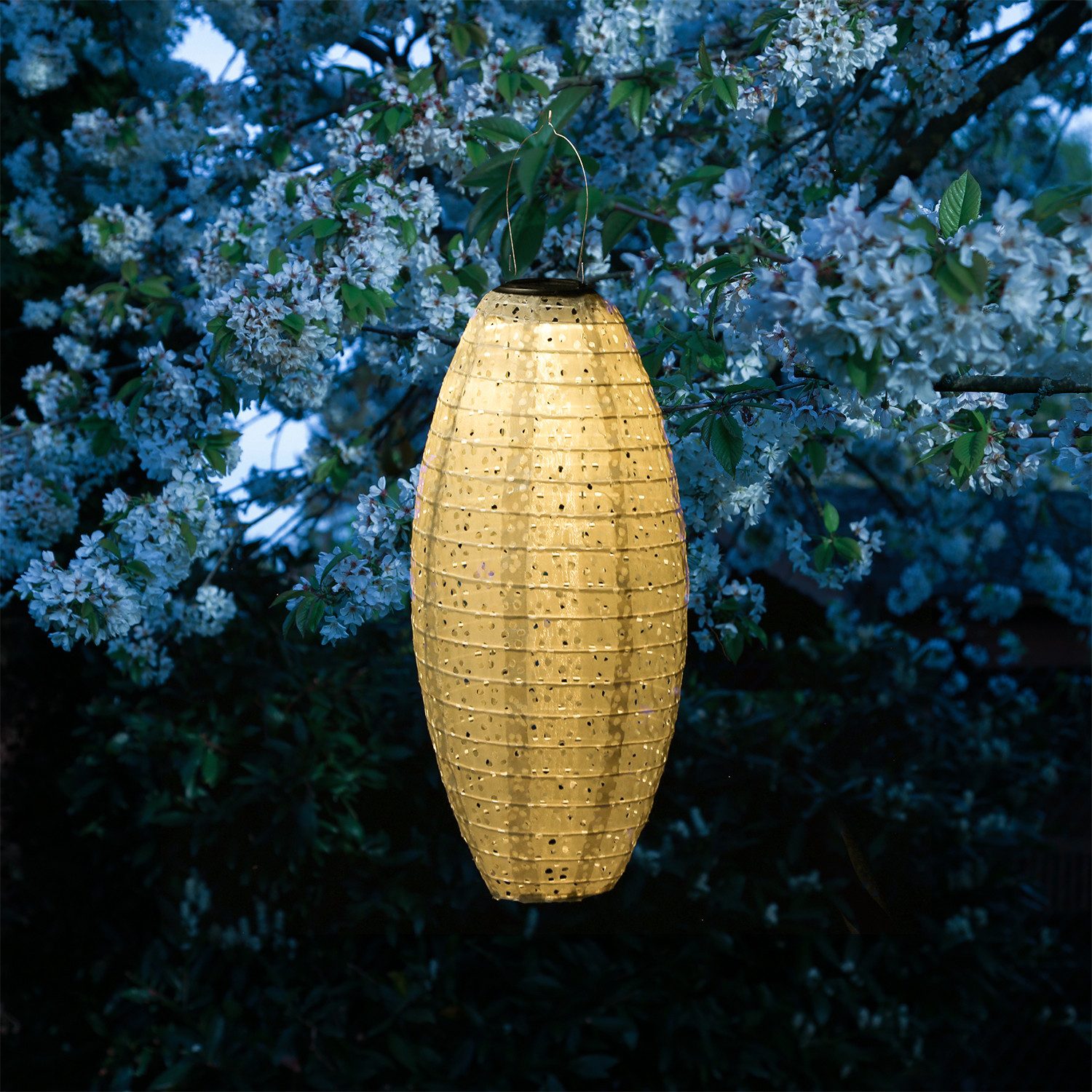 MARELIDA LED Lampion Solar Gartenlampion oval mit Blumenmuster beige H:40cm Balkon Terrasse, LED Classic, warmweiß (2100K bis 3000K)