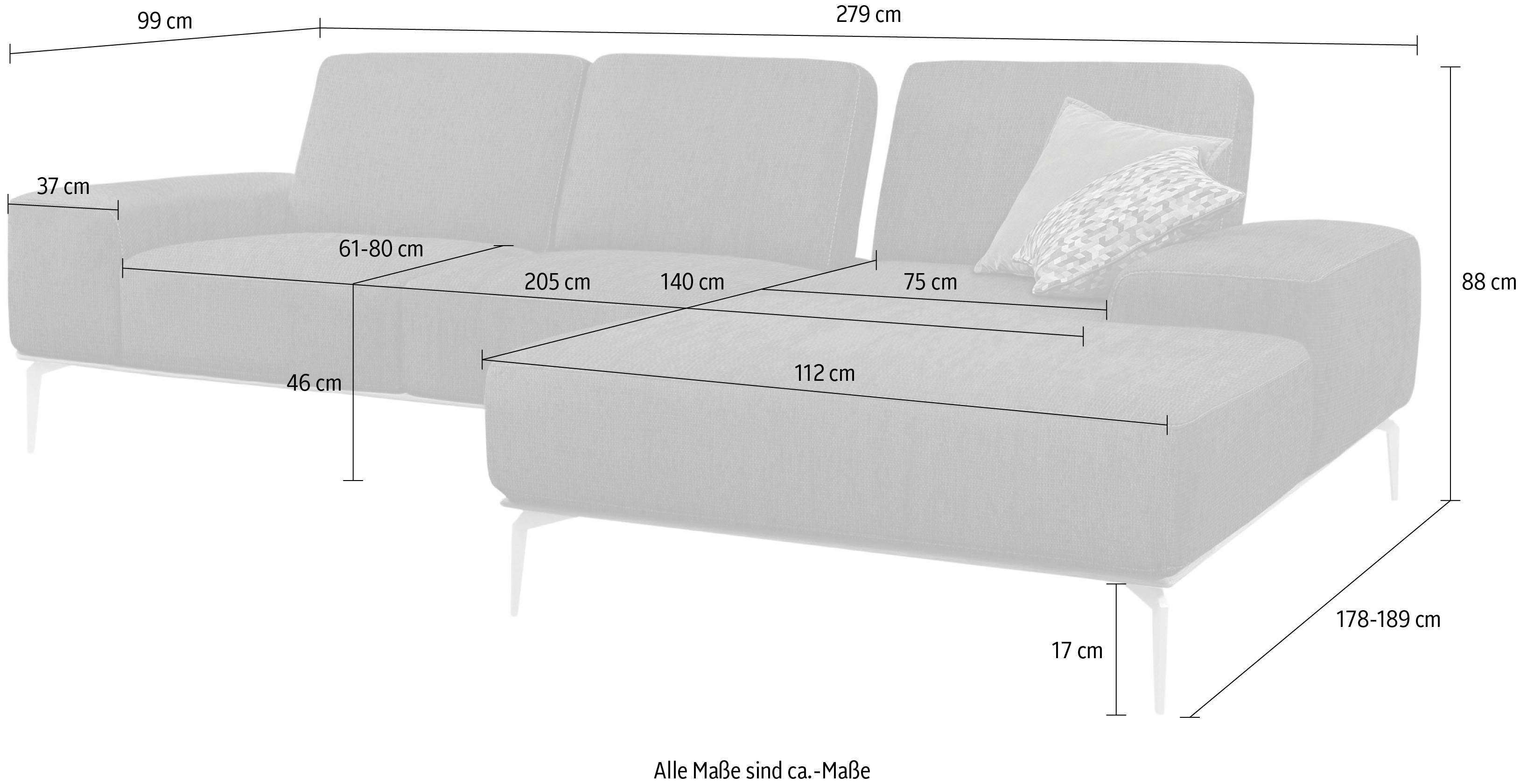 W.SCHILLIG Ecksofa run, Designsofa mit tollem Sitzkomfort, bequem, L-Form, mit elegantem Holzsockel, Füße in Silber matt, Breite 279 cm