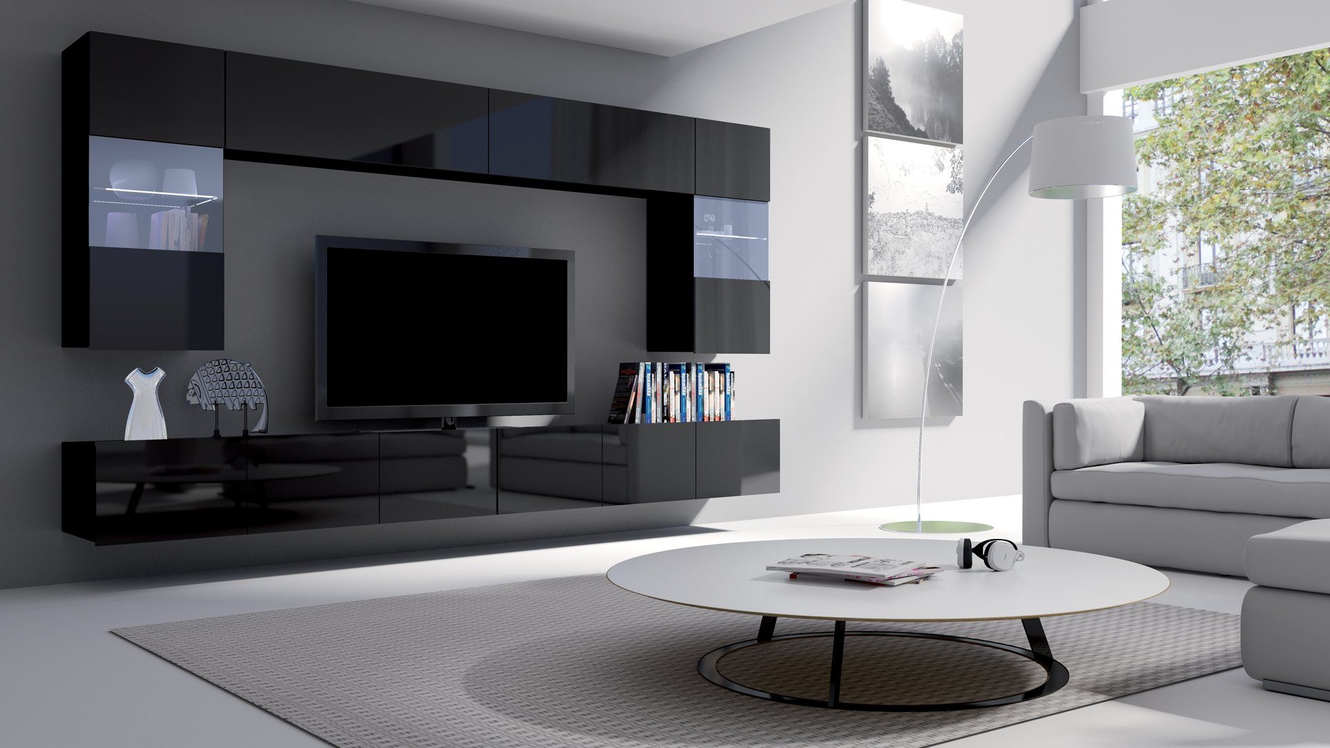Stylefy Wohnwand Bietula, (Set (6-St), Wohnzimmer-Set), 6-teilig, wahlweise mit LED-Beleuchtung, Modern Design, variabel hängbar Schwarz Hochglanz