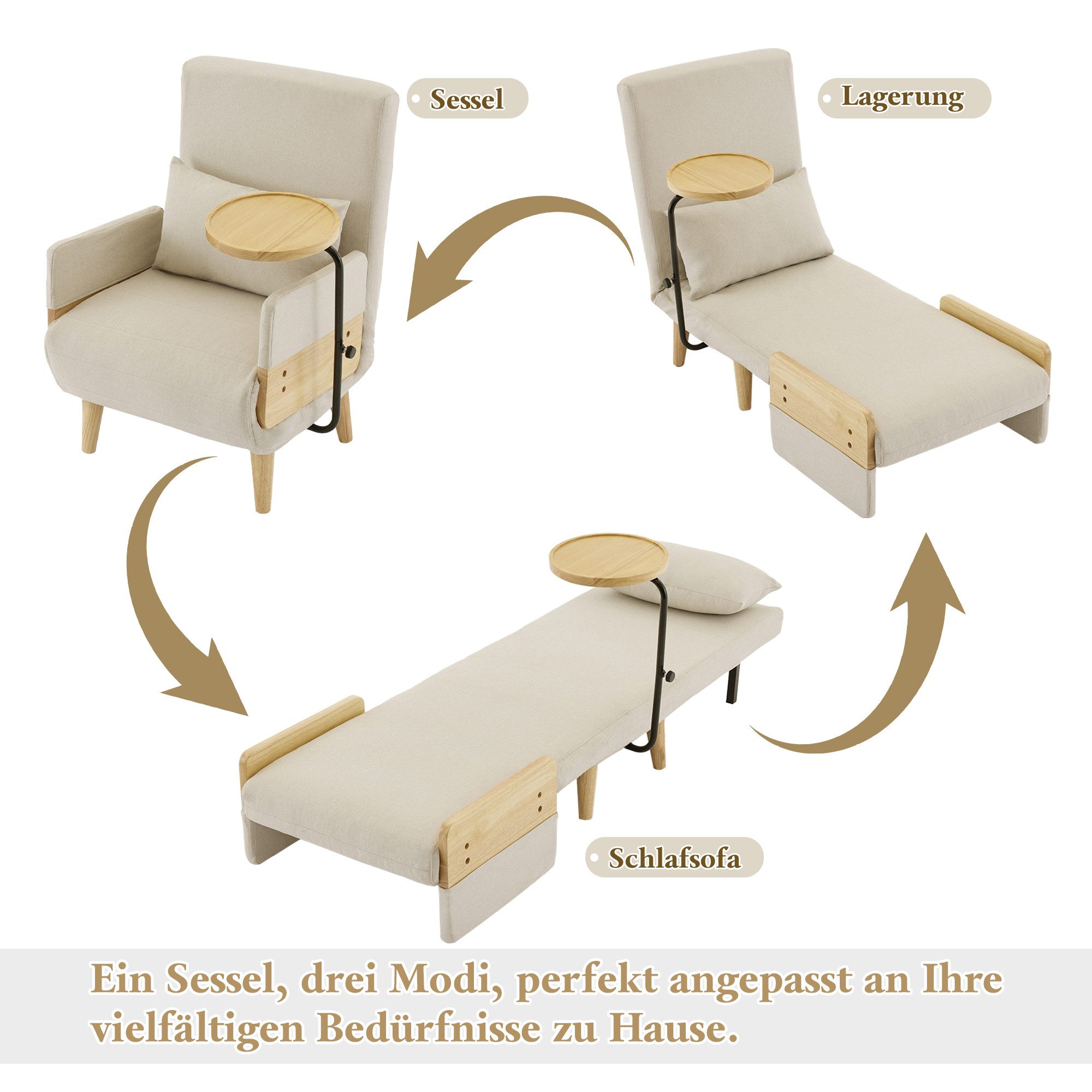 OKWISH Loungesessel 3in1 Schlafsessel Klappfunktion Holztablett Polstersitz Einzelbett (Polstersitz, Loungesessel, Einzelbett, 1-St., gepolsterter Klappsessel mit Holztablett), mit Halbfixiertes Kissen