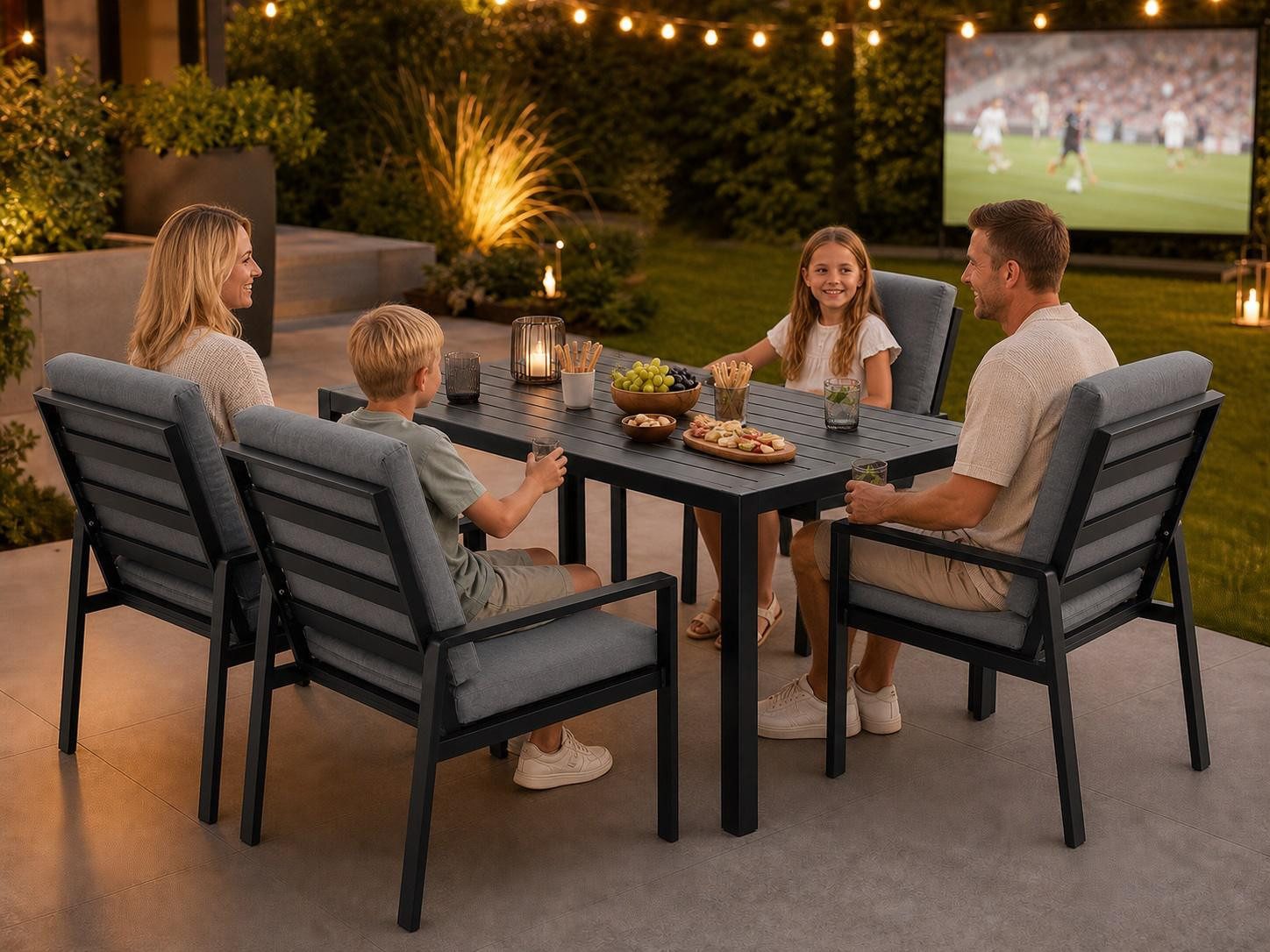 MeXo Gartenlounge-Set Gartenmöbel Set Aluminium Outdoor, (Garten-Essgruppe für 4 Personen, 5-tlg., mit Polywood Tisch & Auflagen), wetterfest für Terrasse & Garten
