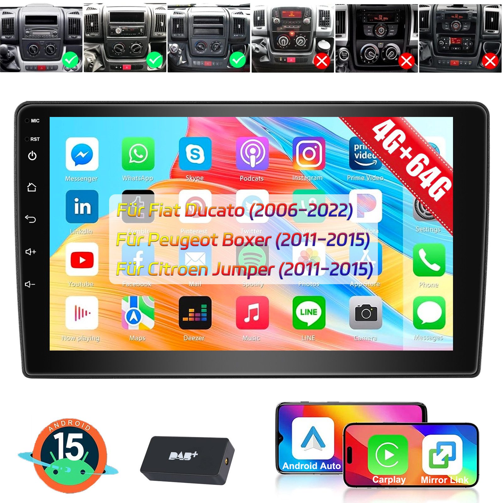 ESSGOO 9'' Android 15 Für Fiat Ducato 2006-2023 DAB+ 4+64G Carplay GPS Navi Autoradio (RDS, FM, AM, DAB+ (optional), Wireless Apple Carplay & Android Auto,2 DIN,WiFi)