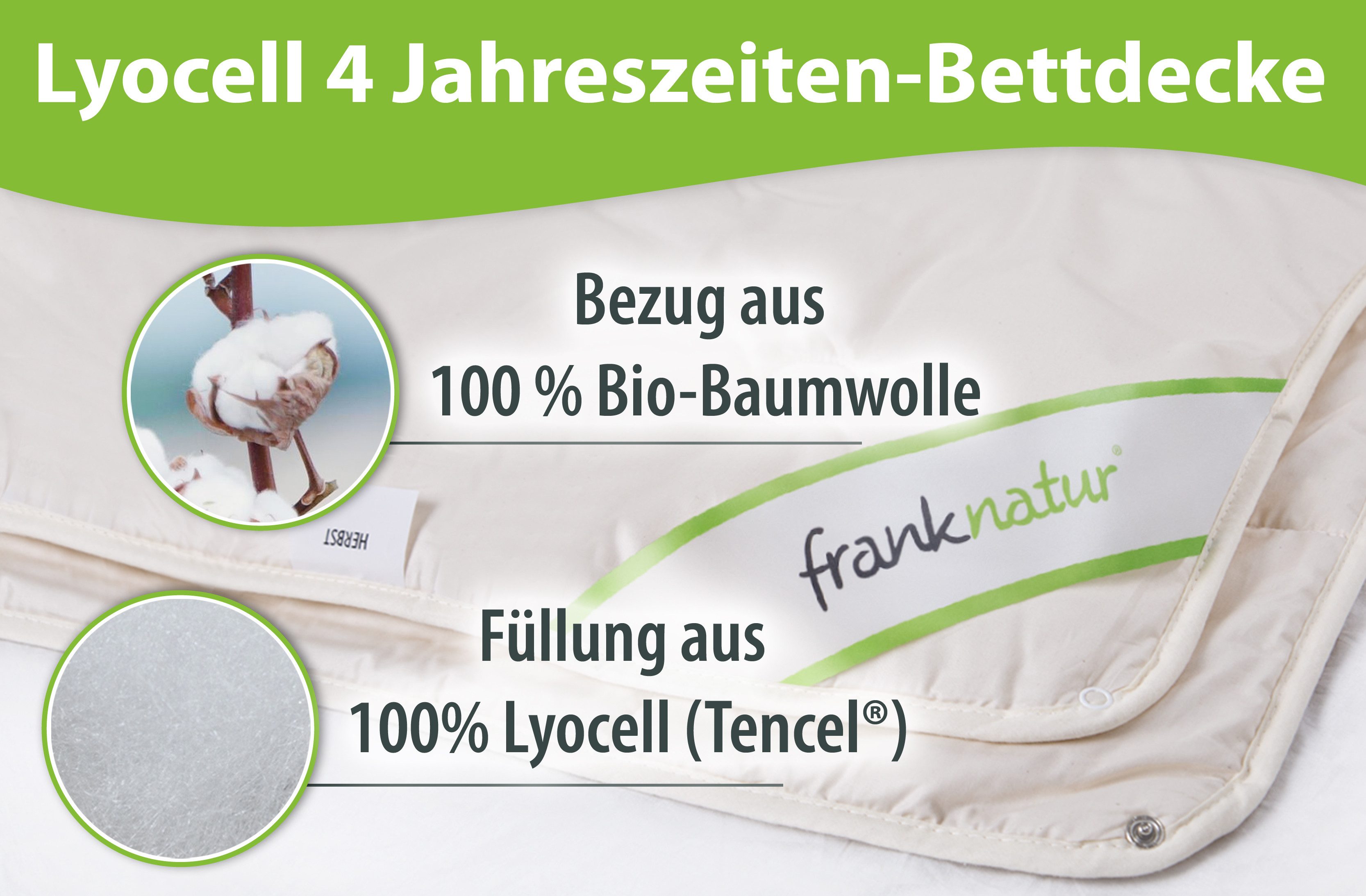 franknatur 4-Jahreszeitenbett 4-Jahreszeiten-Decke Lyocell Bio, Füllung: 100% Lyocell/Tencel®, Bezug: 100% Baumwolle kbA, temperaturausgleichende Bettdecke
