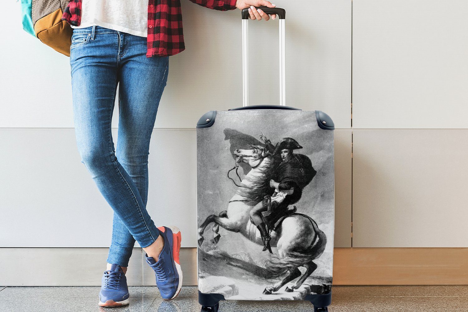 einem in Illustration auf 4 Handgepäckkoffer Trolley, Reisekoffer MuchoWow Rollen, rollen, Ferien, von Bonaparte für Handgepäck Reisetasche Napoleon Pferd, mit schwarz-weiß