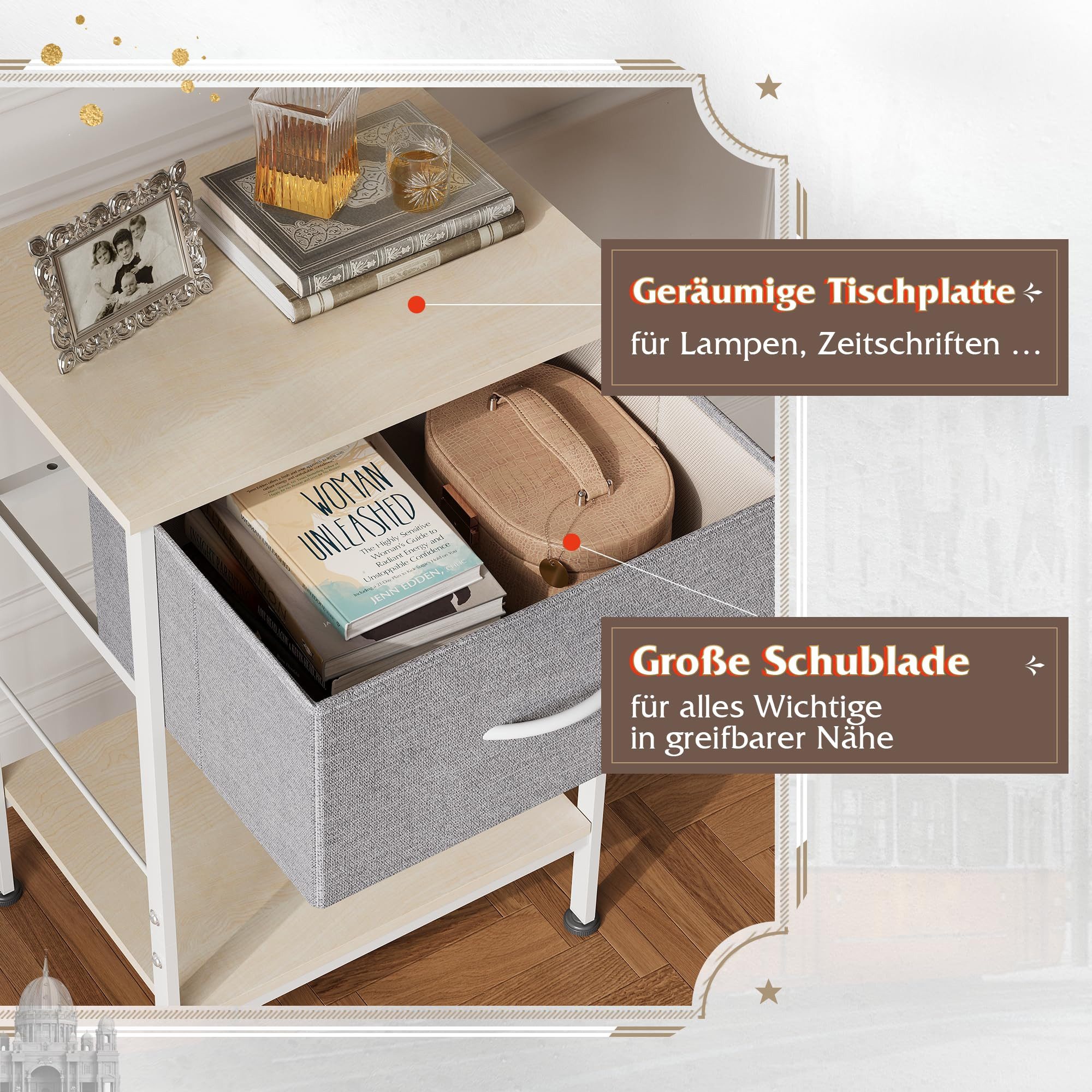 WLIVE Beistelltisch Nachttisch mit Stoffschublade & Ablage, 40×30×63 cm, Metallrahmen (1 Tisch), platzsparender Nachtschrank fürs Schlafzimmer & Wohnzimmer – Bild 4 von 5