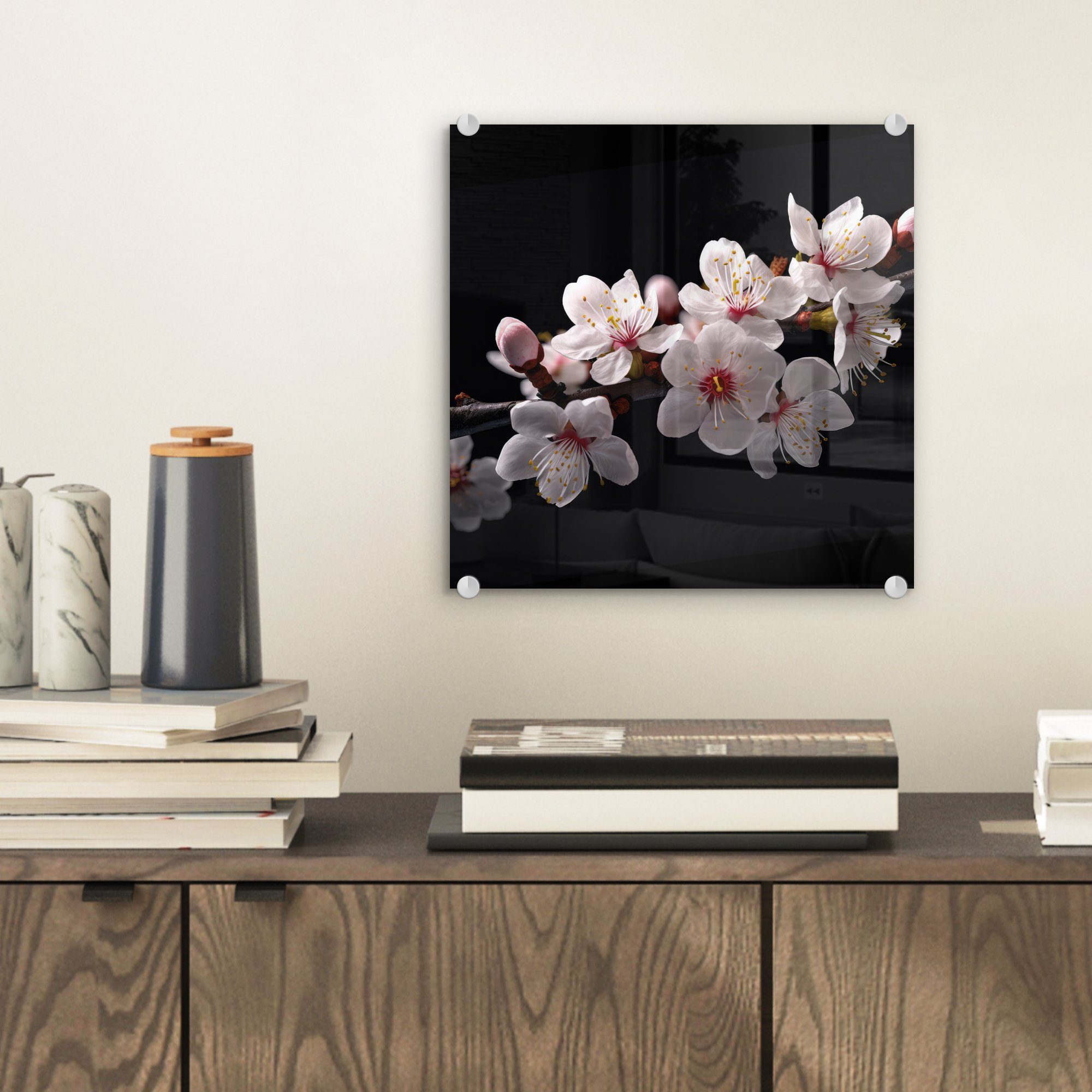 auf Blütenzweige MuchoWow - Foto St), - - Wandbild Weiß, Botanisch Blumen Bilder Wanddekoration Sakura - auf Glas - (1 Acrylglasbild Glasbilder - - Glas