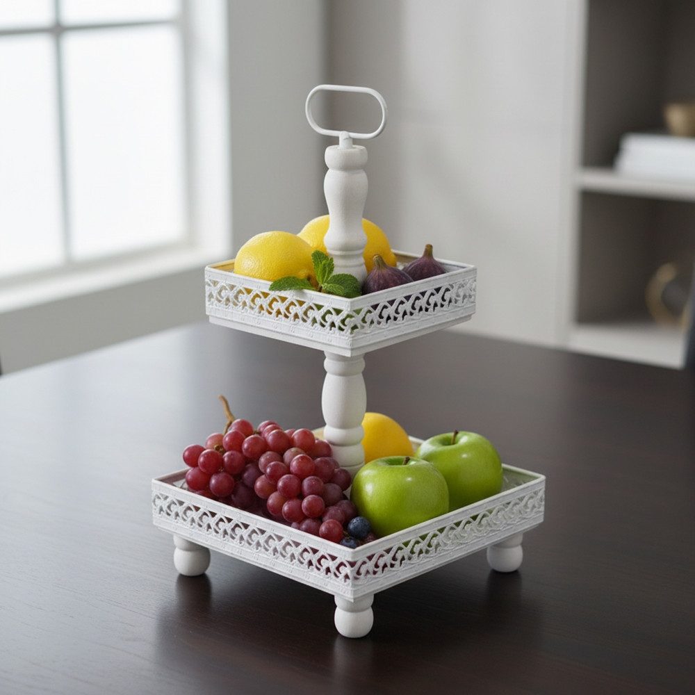 Mucola Etagere Etagere Servierplatte 2 Stöckig 51 CM XXL Braun und Weiß Vintage, Metall, (Stück, 1-tlg., 1 Etagere), Massivholz