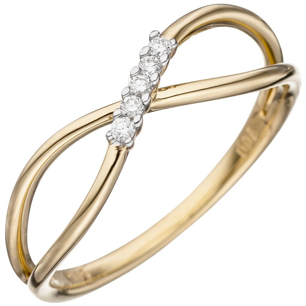Schmuck Krone Diamantring Ring Damenring 5 Diamanten Brillanten 585 Gold Gelbgold Unendlichkeit Zeichen, Gold 585