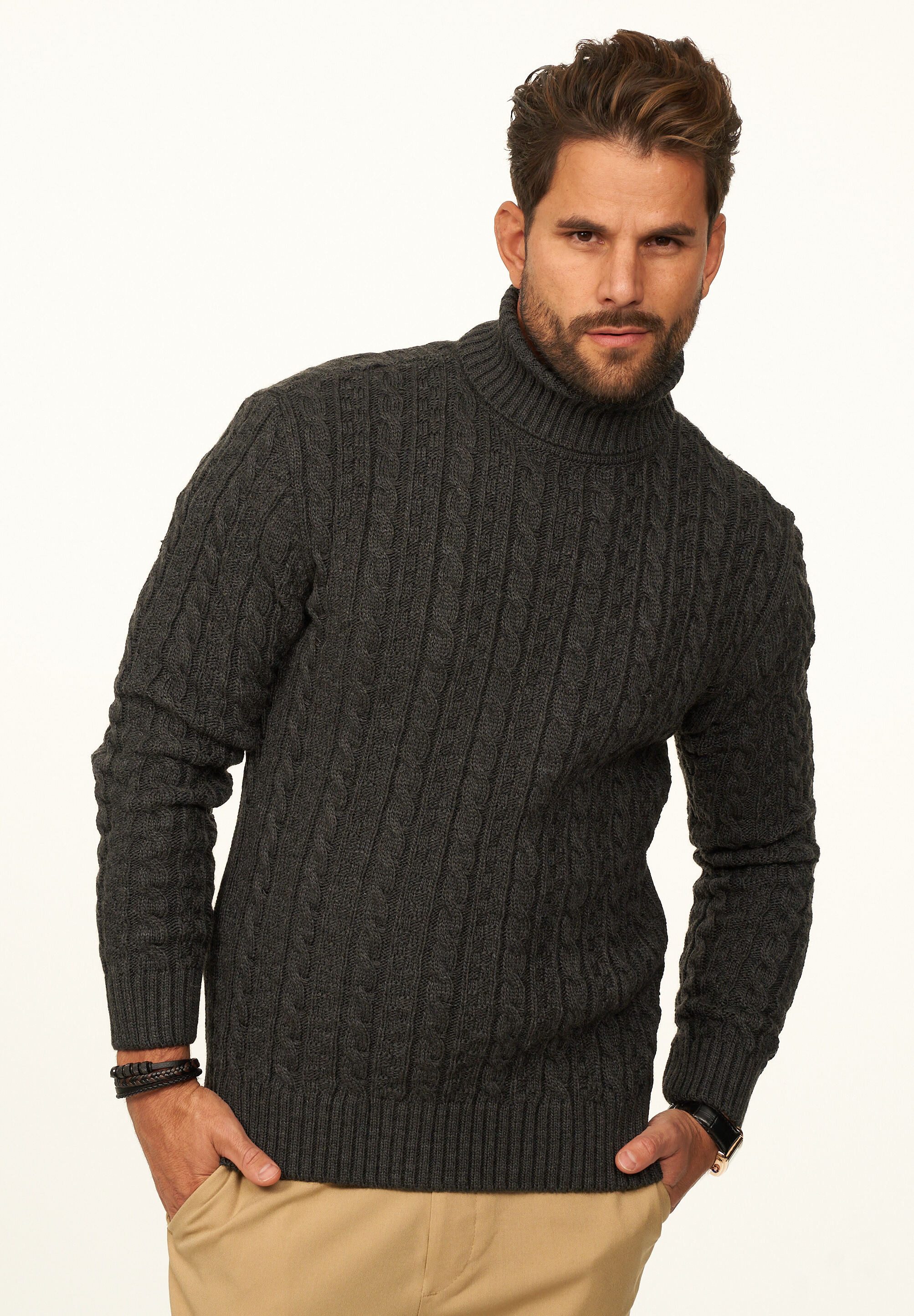 DAILY COTTON Rollkragenpullover als Grobstrick Pulli mit Zopfmuster für Herren Strickpullover für Männer - Winterpullover im Regular-Fit