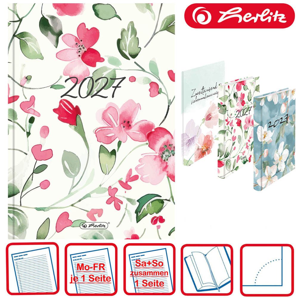 Herlitz Buchkalender A5 Rainbow 2027 Blumen beige pink