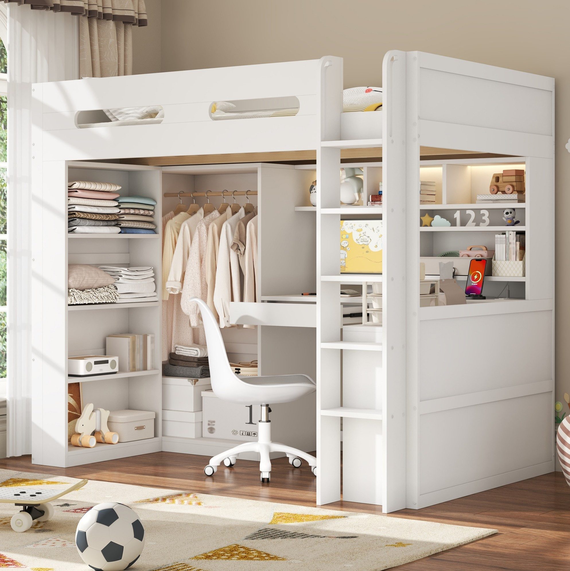 OKWISH Hochbett Etagenbett mit Schublade und mehreren Regalböden für Stauraum (Packung, 1-St., Schlafbett mit LED Beleuchtung und USB Anschluss ohne Matratze) Kinderbett 90x200 cm Weiß mit Schreibtisch und Kleiderschrank