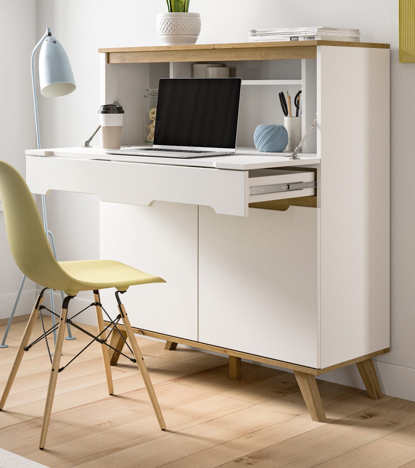Inn.Furn Sekretär Hygge (in weiß und Nox Eiche, Breite 100 cm), mit Soft-Close-Funktion