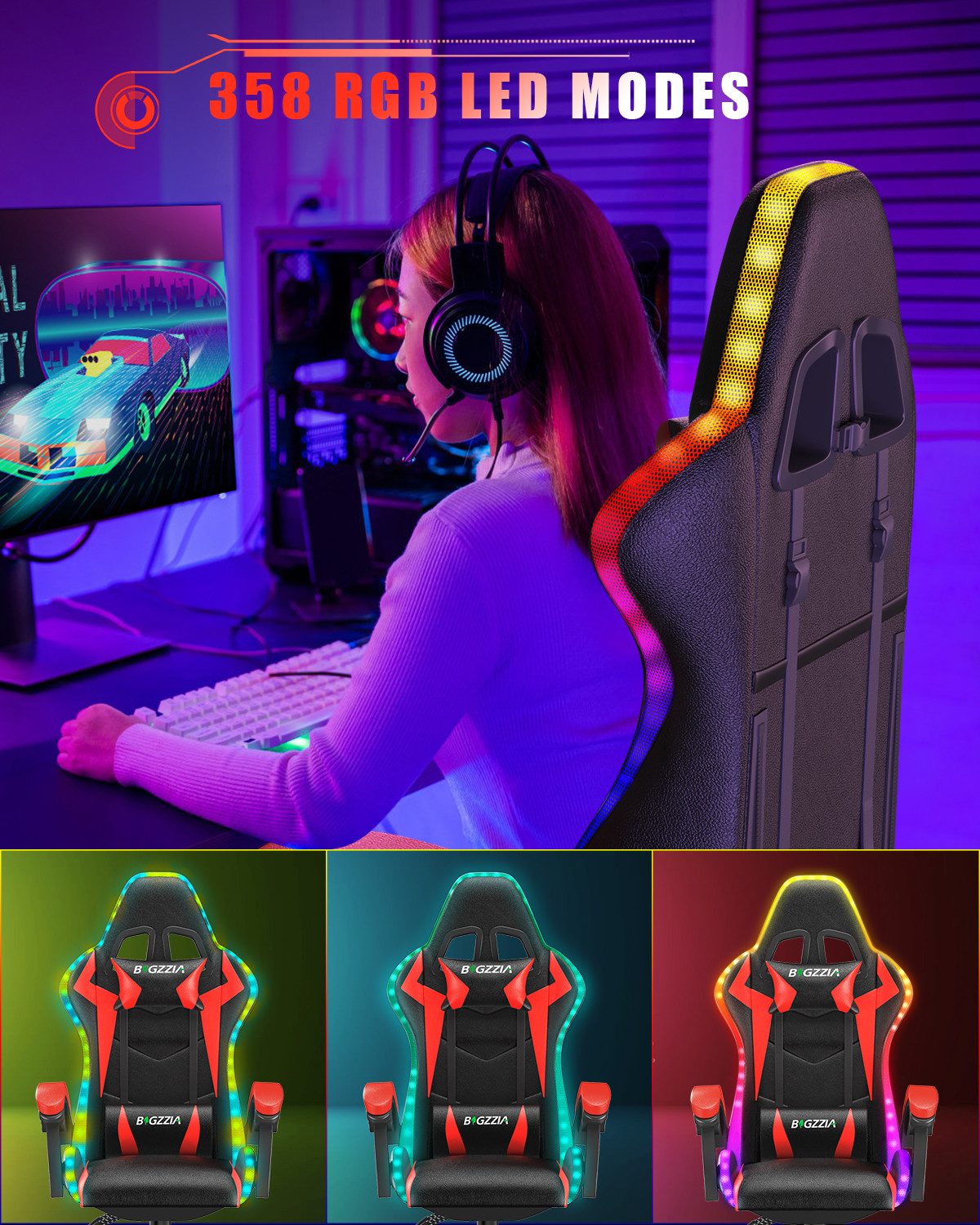 Gywowken Gaming-Stuhl mit LED - Gaming Chair Ergonomisch - 90-155° Rückenlehne – Bild 3 von 5