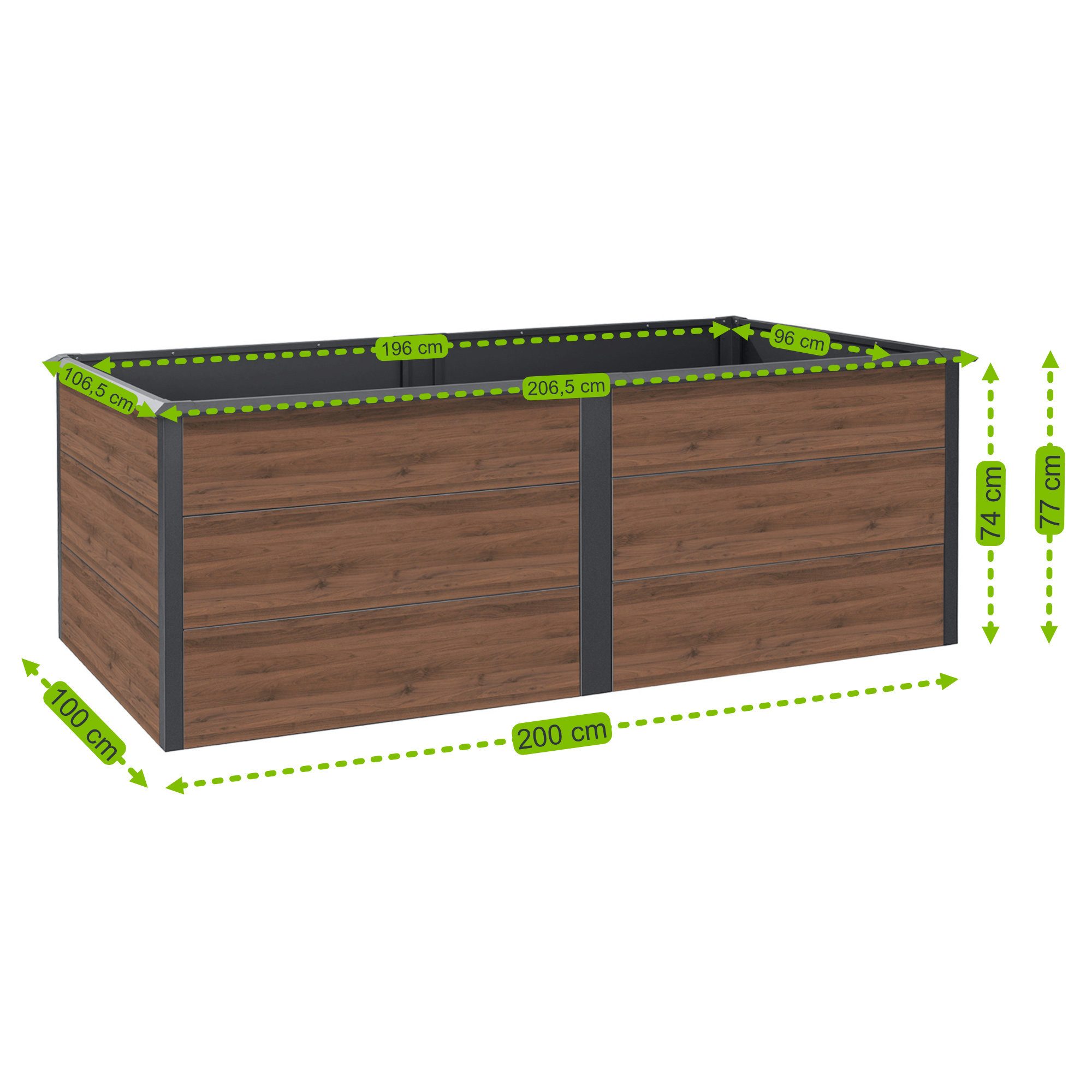 Zelsius Hochbeet verzinkter Stahl 200 x 100 x 77 cm Anthrazit RAL 7016 Walnuss Holzopti, Inkl. Schneckenschutz – Bild 4 von 5