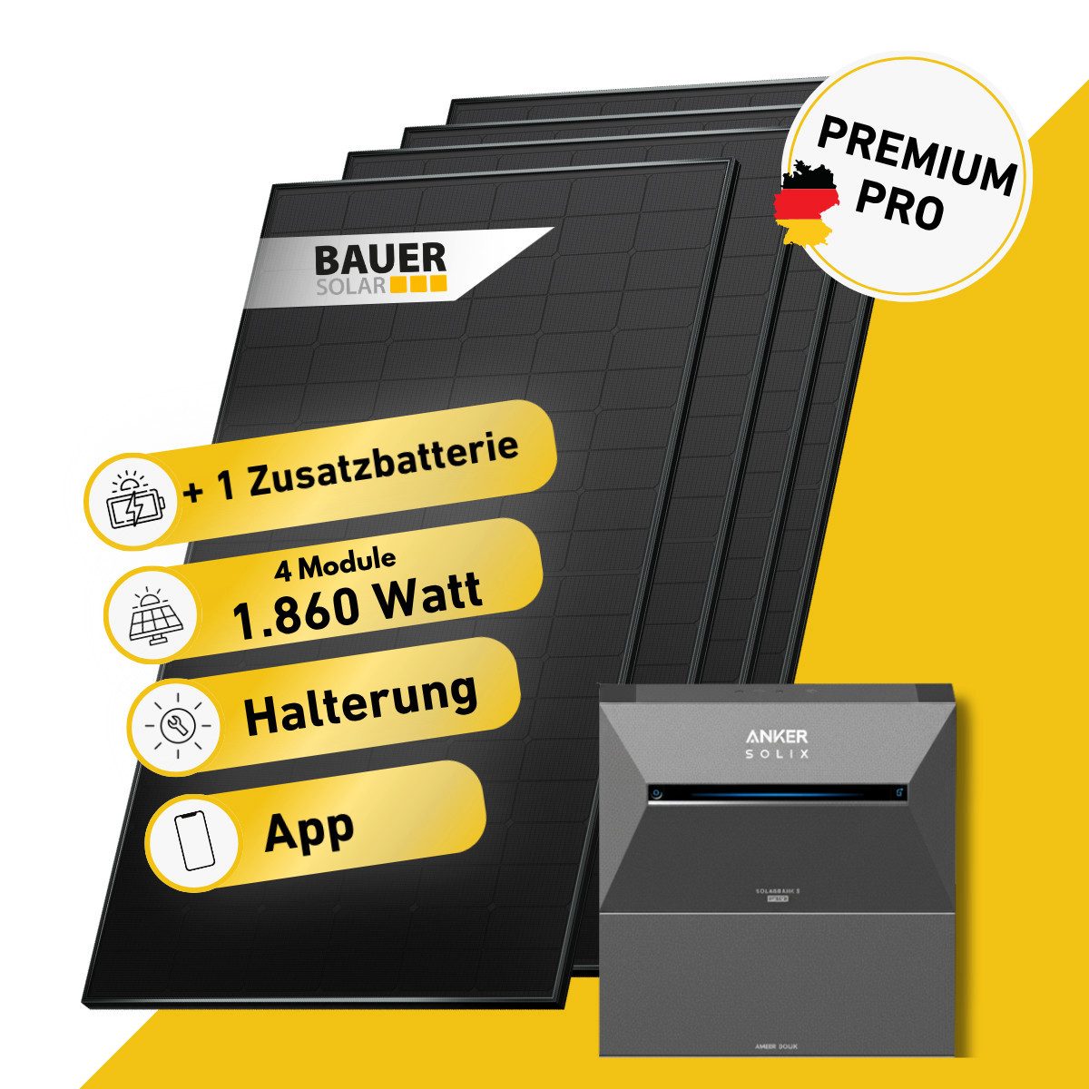 Balkonstrom Balkonkraftwerk PREMIUM Pro 1860 Watt Solaranlage mit Speicher Komplettset Bifazial, 1860 W, Monokristallin, (4x BAUER Solarmodul á 465 Watt, 1x Anker Solix 3 Pro Solarspeicher E2700, 1-4 Zusatzspeicher BP2700), Halterung für Dach, Fassade, Balkon & Garten, App & Plug&Play DE