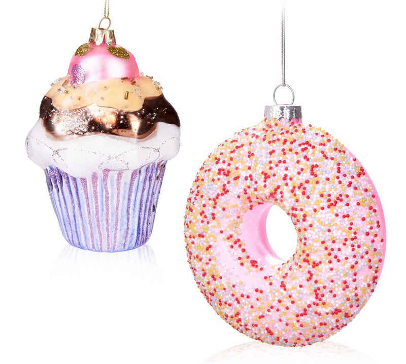 BRUBAKER Christbaumschmuck Handbemaltes Baumkugel Set "Süßes in Pink" (2-tlg), Muffin & Donut Weihnachtskugeln - Mundgeblasener Christbaumschmuck aus Glas - Sweets Cupcake Rosa Baumschmuck Lustig - 2-teiliges