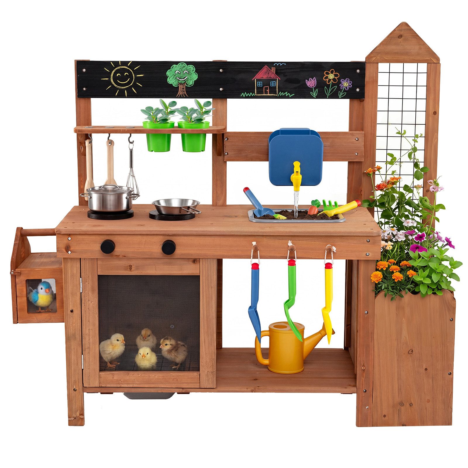 COSTWAY Outdoor-Spielküche Holz, Mit abnehmbarem Vogelkäfig, Pflanzkasten, Spalier