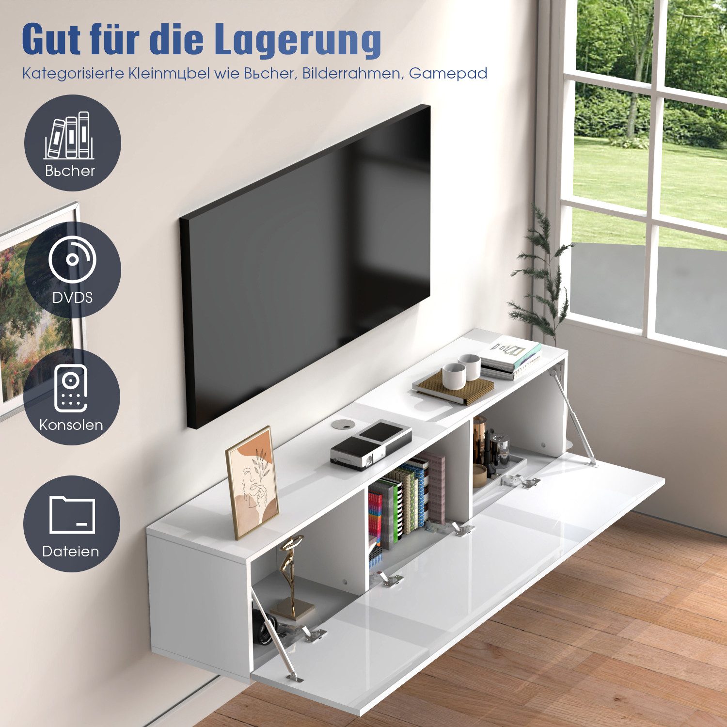 oyajia Lowboard TV-Schrank mit LED Beleuchtung, Lowboard 140 cm, Stehend und hängend, Hochglanz grifflose TV-Board, TV-Schrank für TVs bis zu 60 Zoll