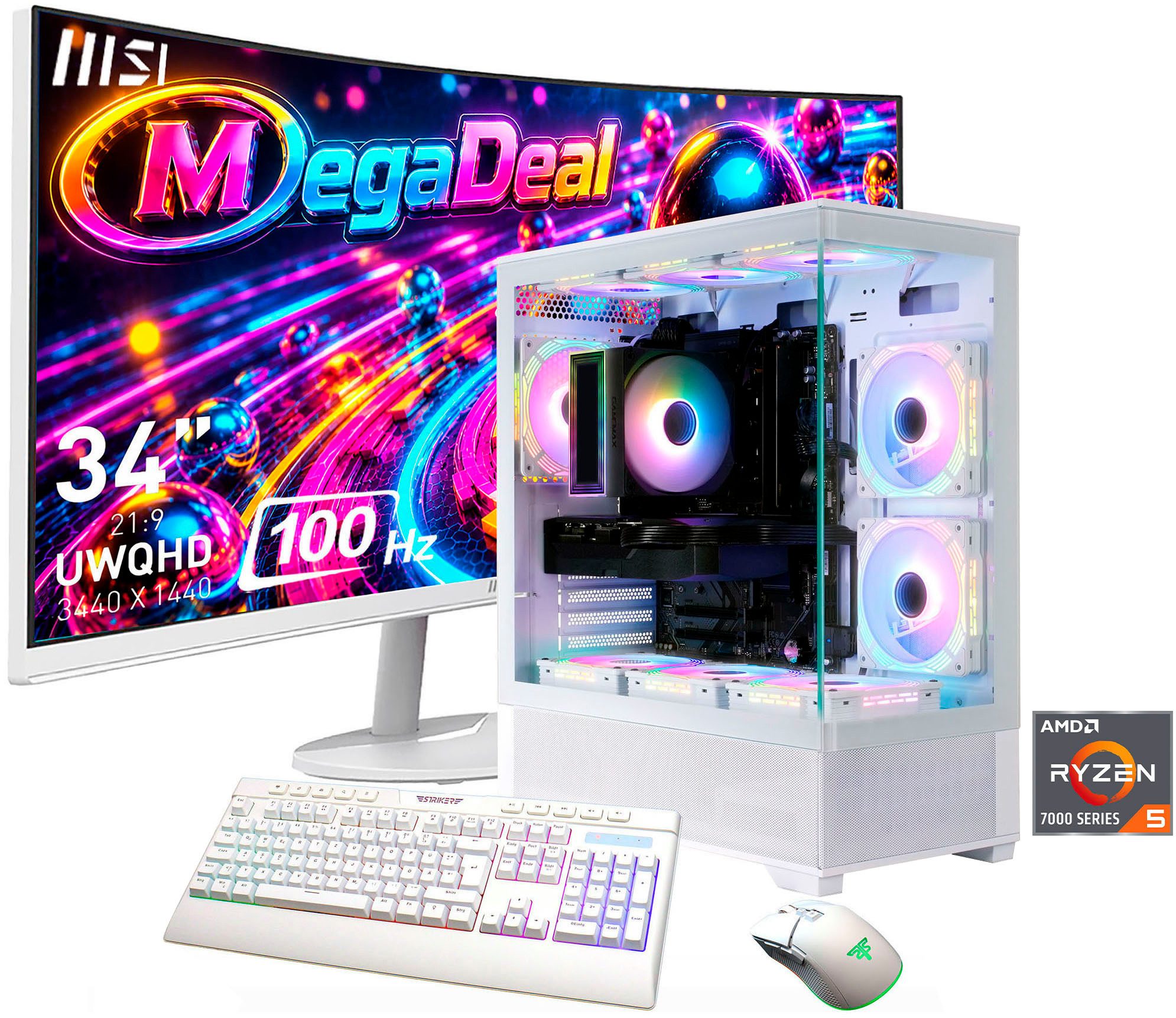 GAMEMAX MegaDeal Vista AB 2885 AMD Ryzen 5 7500F 32GB DDR5 1TB SSD RX 9070 Gaming-PC-Komplettsystem (34", AMD Ryzen 5 7500F, RX 9070, 32 GB RAM, 1000 GB SSD, Windows 11, DDR5 RAM+ MSI PRO MP341CQW LED-Monitor Curved 86,4cm (34)