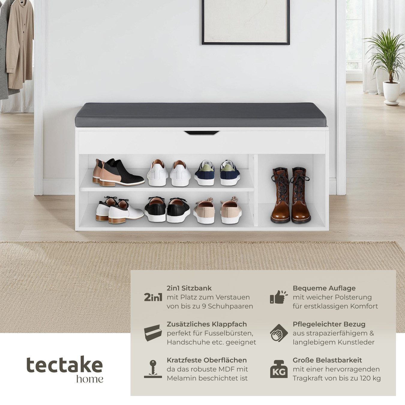 tectake Schuhschrank Schuhbank Natalya mit Sitzpolster für 9 Paar Schuhe, 1 günstig online kaufen