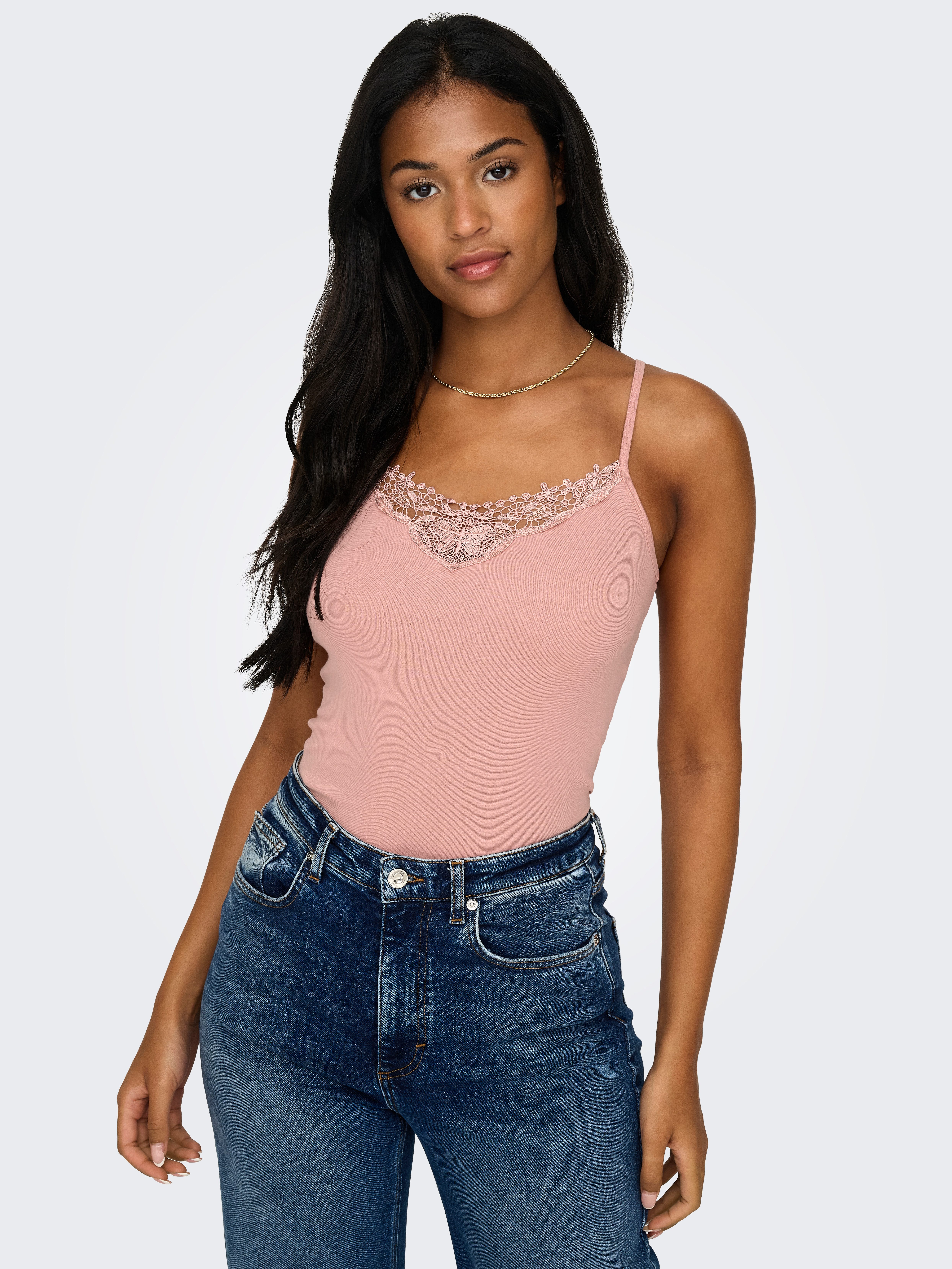 ONLY Spitzentop ONLKIRA – Doppelpack mit Spitzendetail für feminine Looks (2er-Pack) figurbetont, modisch, Jersey, Baumwolle, V-Ausschnitt