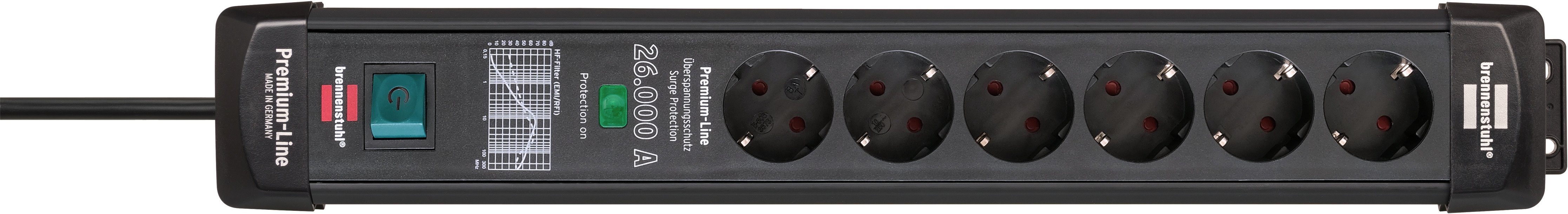 Brennenstuhl Premium-Line Steckdosenleiste 6-fach (Kabellänge 1,8 m), mit Überspannungsschutz bis zu 26.000A und Schalter