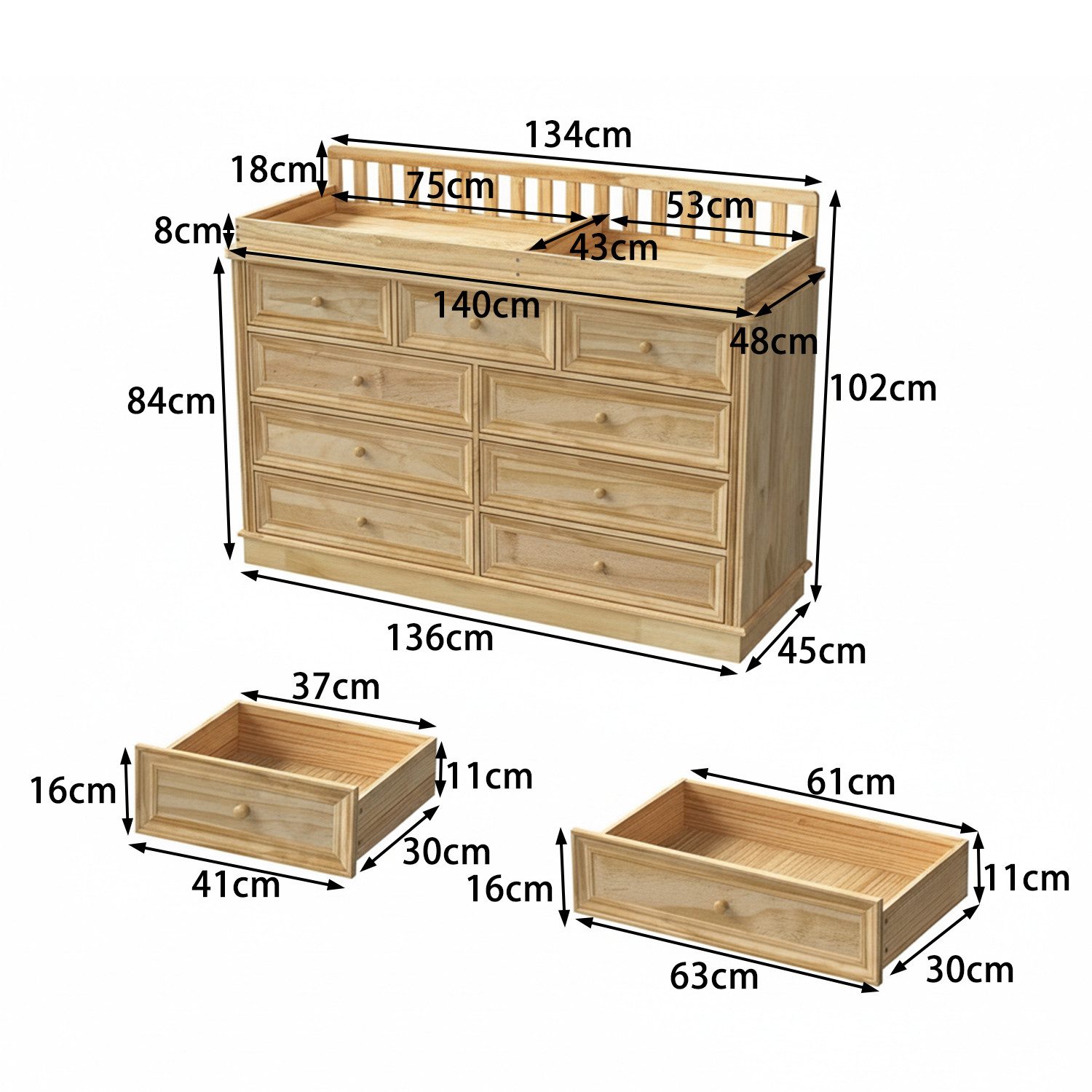 FUFU&GAGA changing chest of drawers in natural colour, chest of drawers, pine wood, 140×48×102 cm