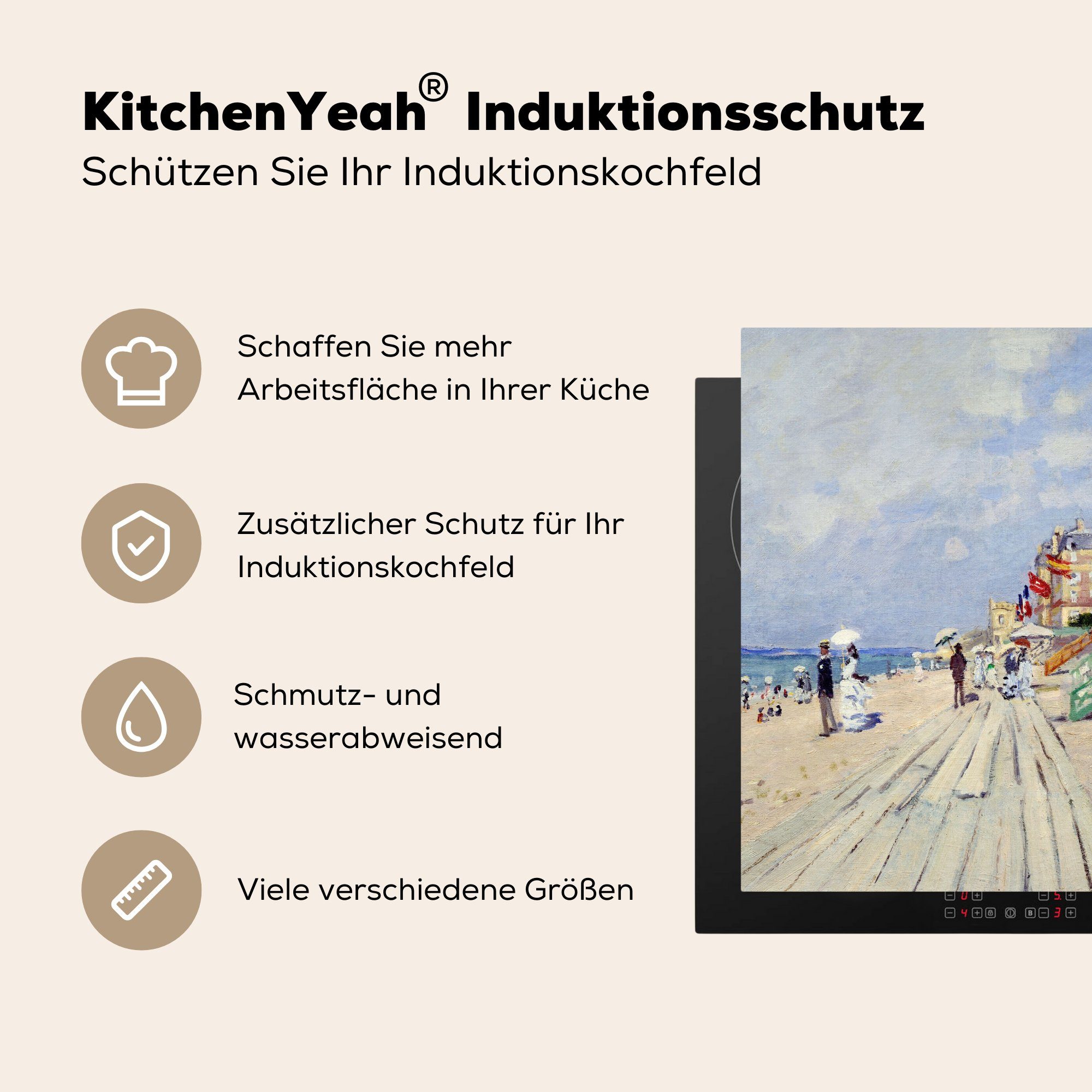 küche von Herdblende-/Abdeckplatte - 78x78 für (1 Trouville cm, Claude von Die Strandpromenade Vinyl, Ceranfeldabdeckung, MuchoWow Monet, tlg), Arbeitsplatte Gemälde