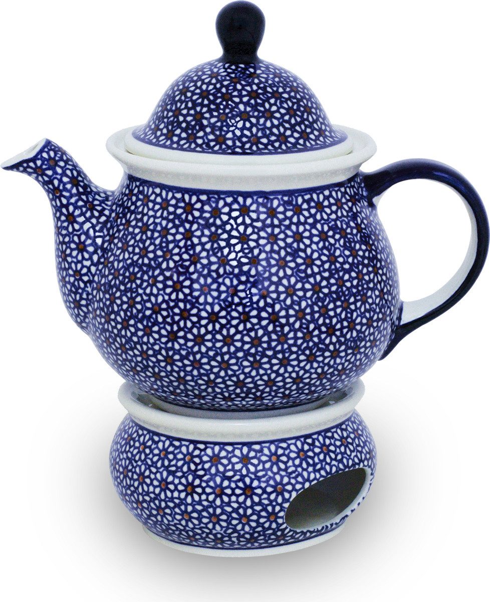 Bunzlauer Keramik Teekanne 1,7L Teekanne mit Stövchen – bauchig, klassisch rund Form, Dekor 120, 1,70 l